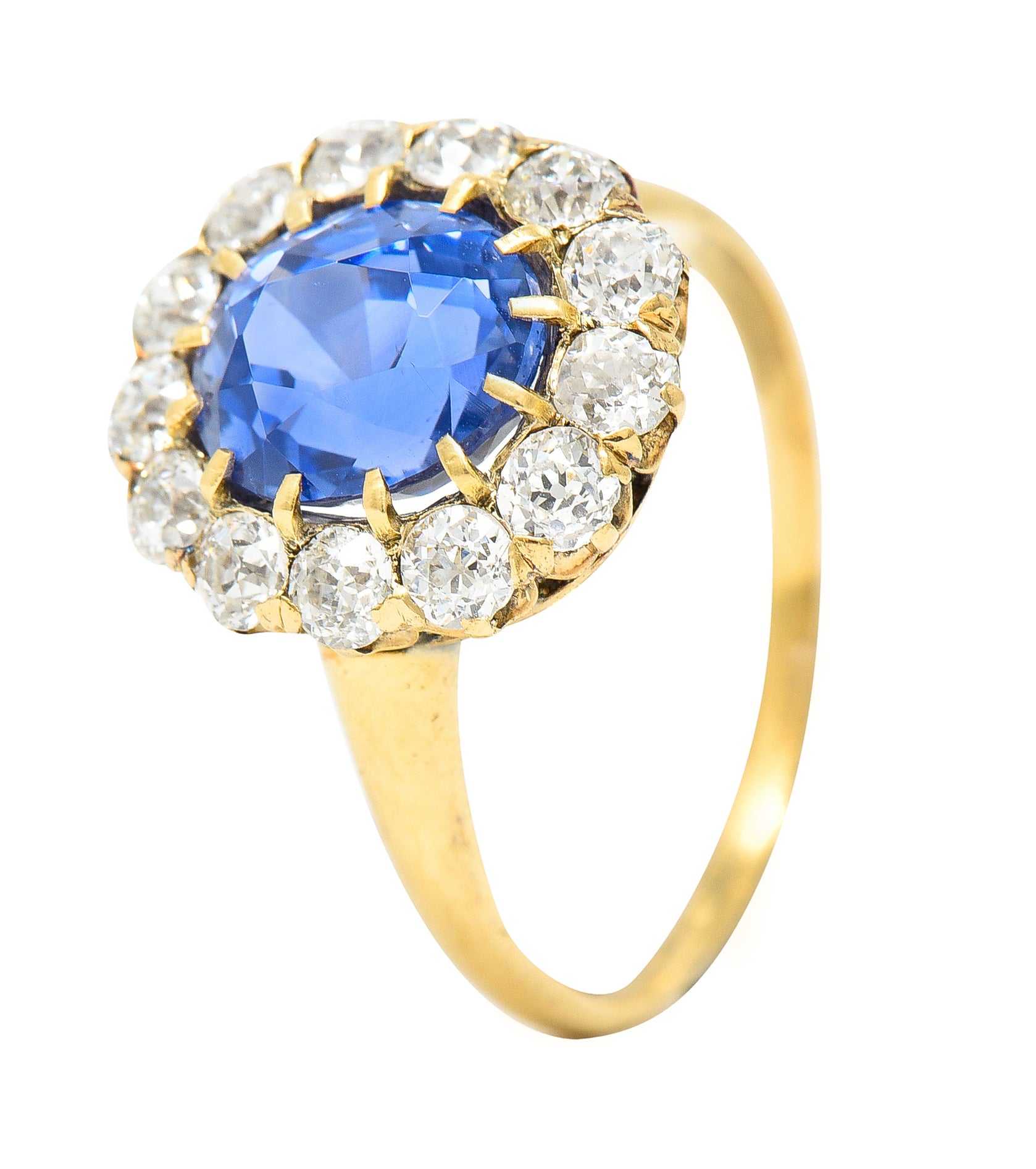 Victorian 3.95 CTW No-Heat Ceylon Sapphire Old Mine Cut Diamond 14 Karat Yellow Gold Antique Halo Gemstone Ring GIA Wilson's Estate Jewelry