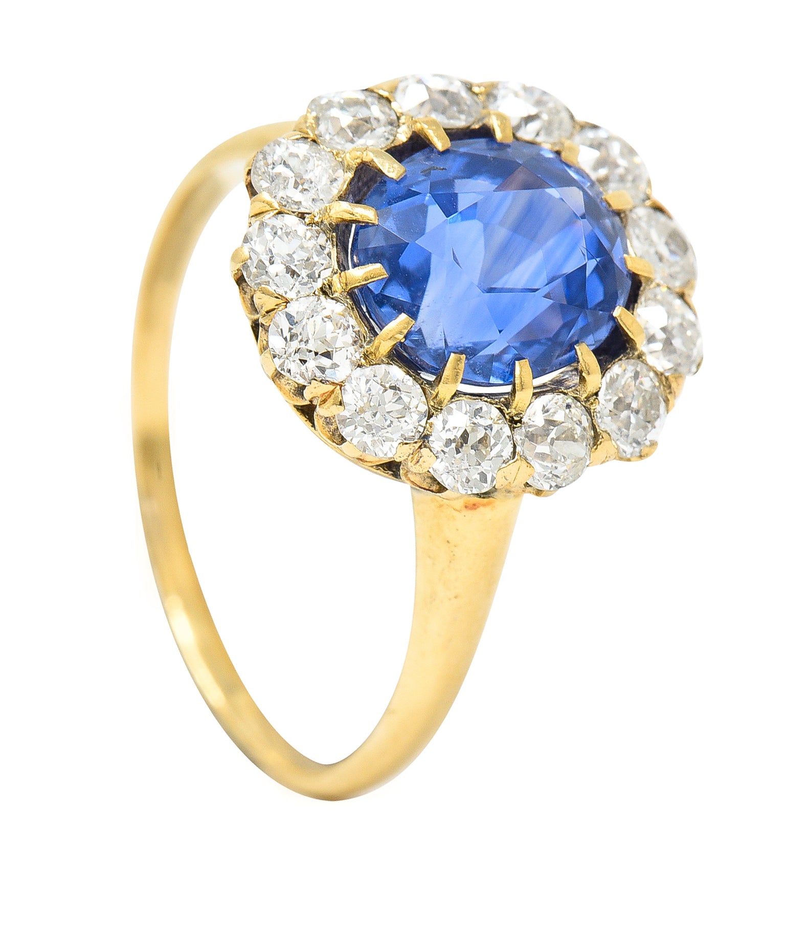 Victorian 3.95 CTW No-Heat Ceylon Sapphire Old Mine Cut Diamond 14 Karat Yellow Gold Antique Halo Gemstone Ring GIA Wilson's Estate Jewelry