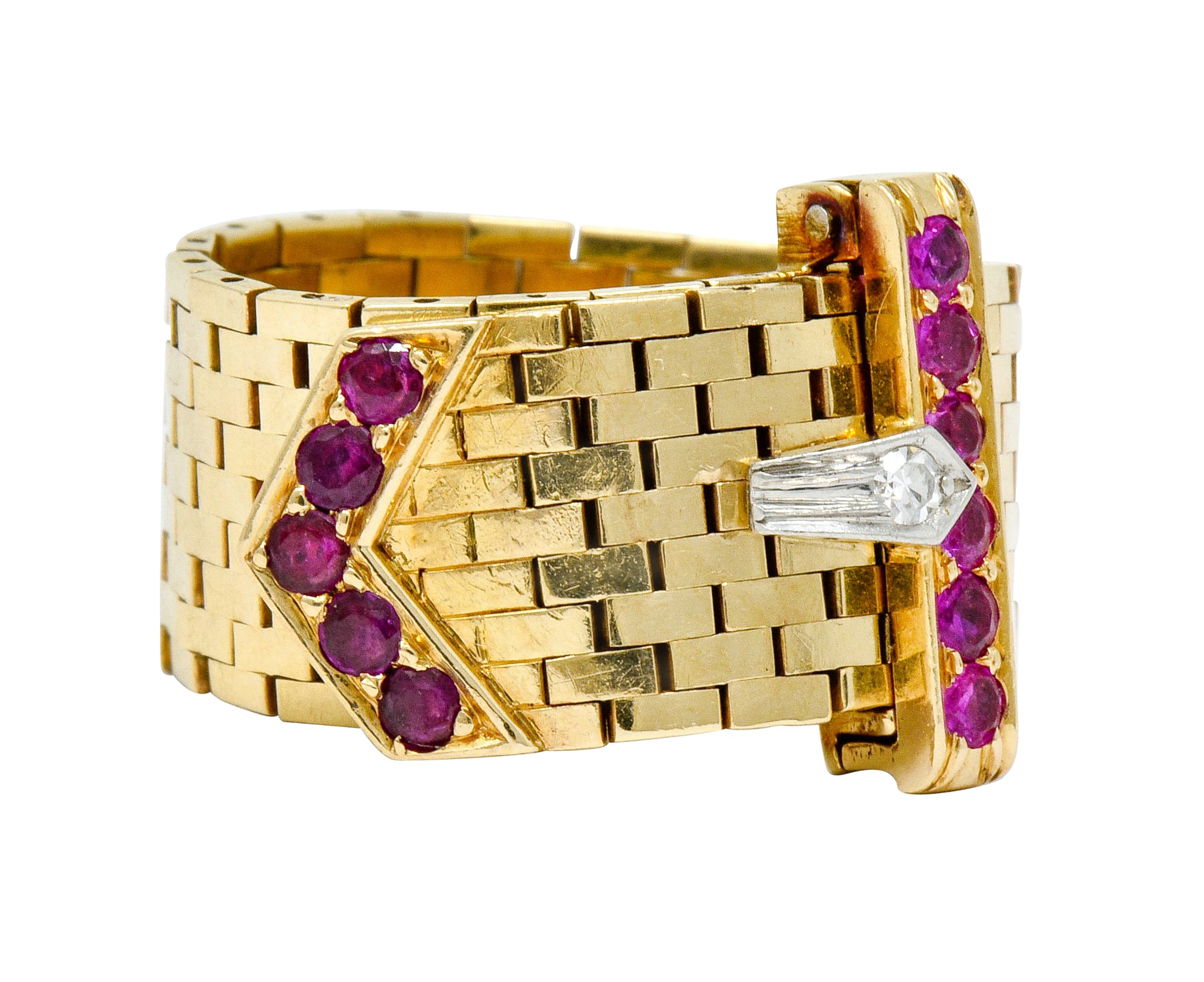 Bailey Banks & Biddle Retro 0.60 CTW Ruby Diamond 14 Karat Gold Buckle Ring - Wilson's Estate Jewelry