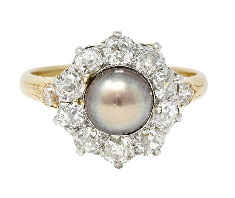 Edwardian 1.40 CTW Old Mine Cut Diamond Natural Pearl Platinum-Topped 14 Karat Yellow Gold Antique Cluster Ring Wilson's Estate Jewelry
