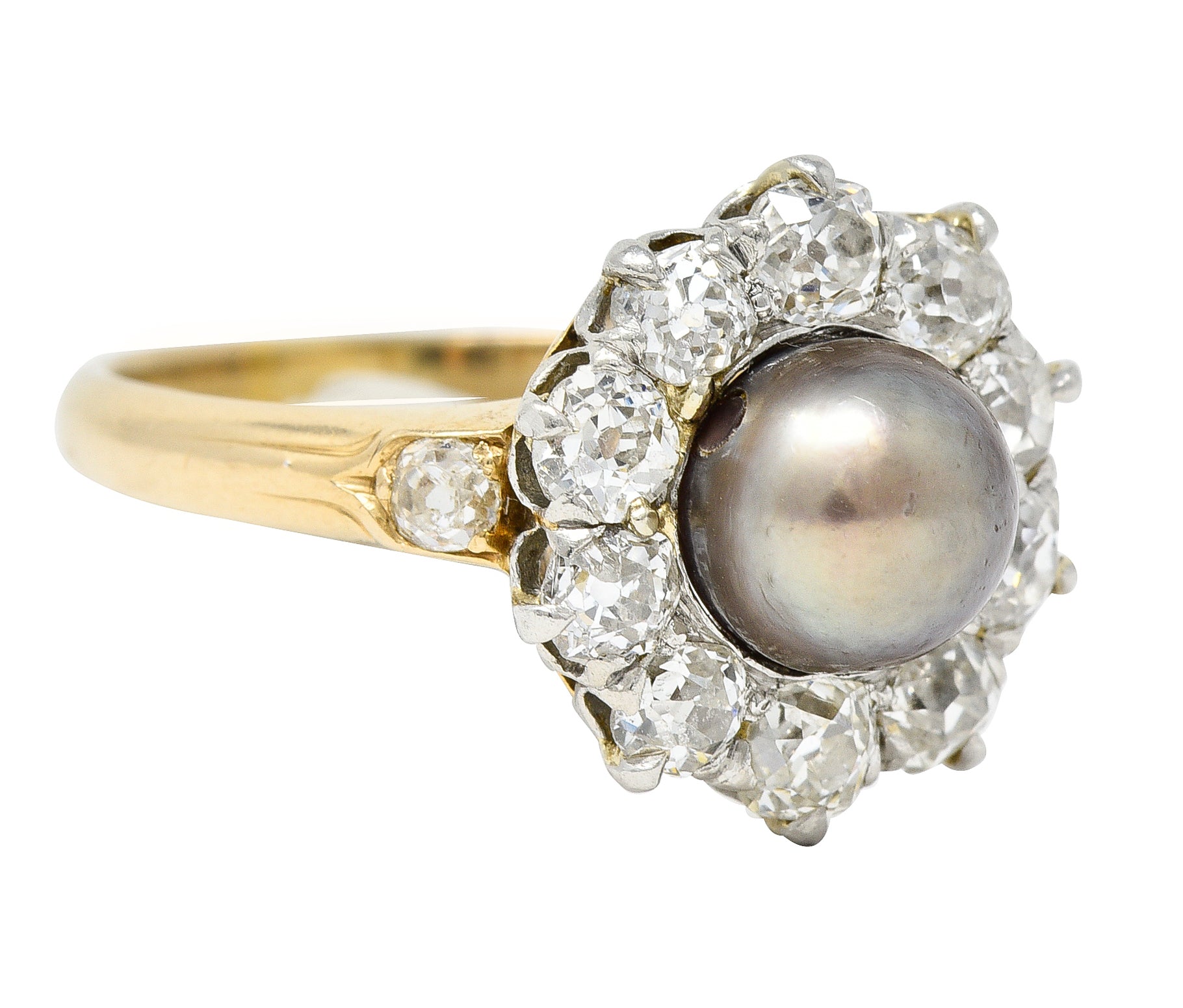 Edwardian 1.40 CTW Old Mine Cut Diamond Natural Pearl Platinum-Topped 14 Karat Yellow Gold Antique Cluster Ring Wilson's Estate Jewelry