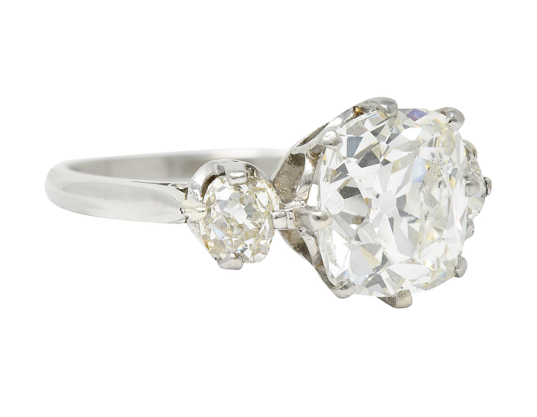 Edwardian 3.94 CTW Old Mine Diamond Platinum Three Stone RingRing - Wilson's Estate Jewelry