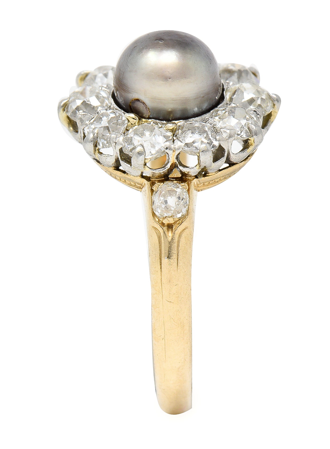 Edwardian 1.40 CTW Old Mine Cut Diamond Natural Pearl Platinum-Topped 14 Karat Yellow Gold Antique Cluster Ring Wilson's Estate Jewelry