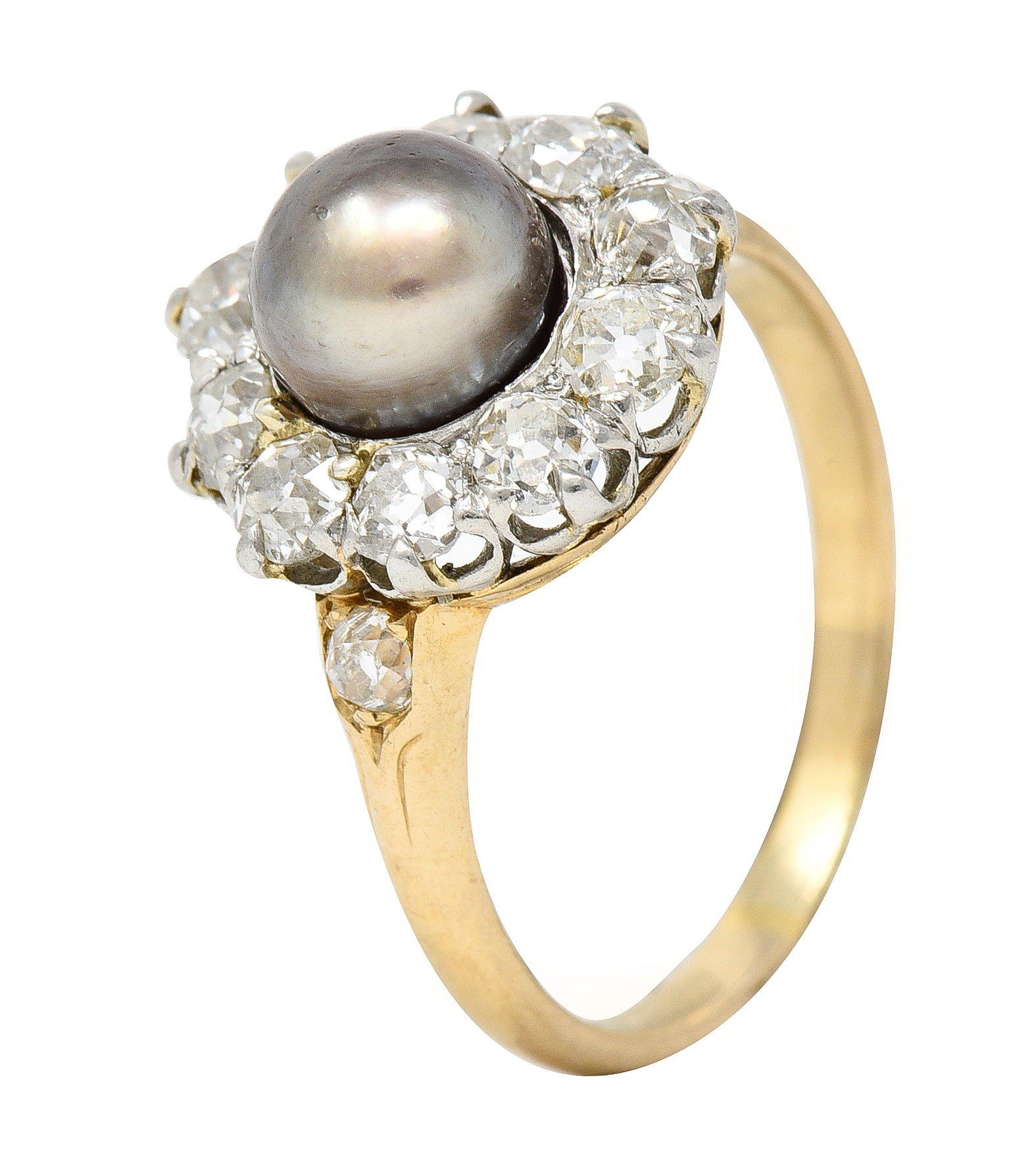 Edwardian 1.40 CTW Old Mine Cut Diamond Natural Pearl Platinum-Topped 14 Karat Yellow Gold Antique Cluster Ring Wilson's Estate Jewelry