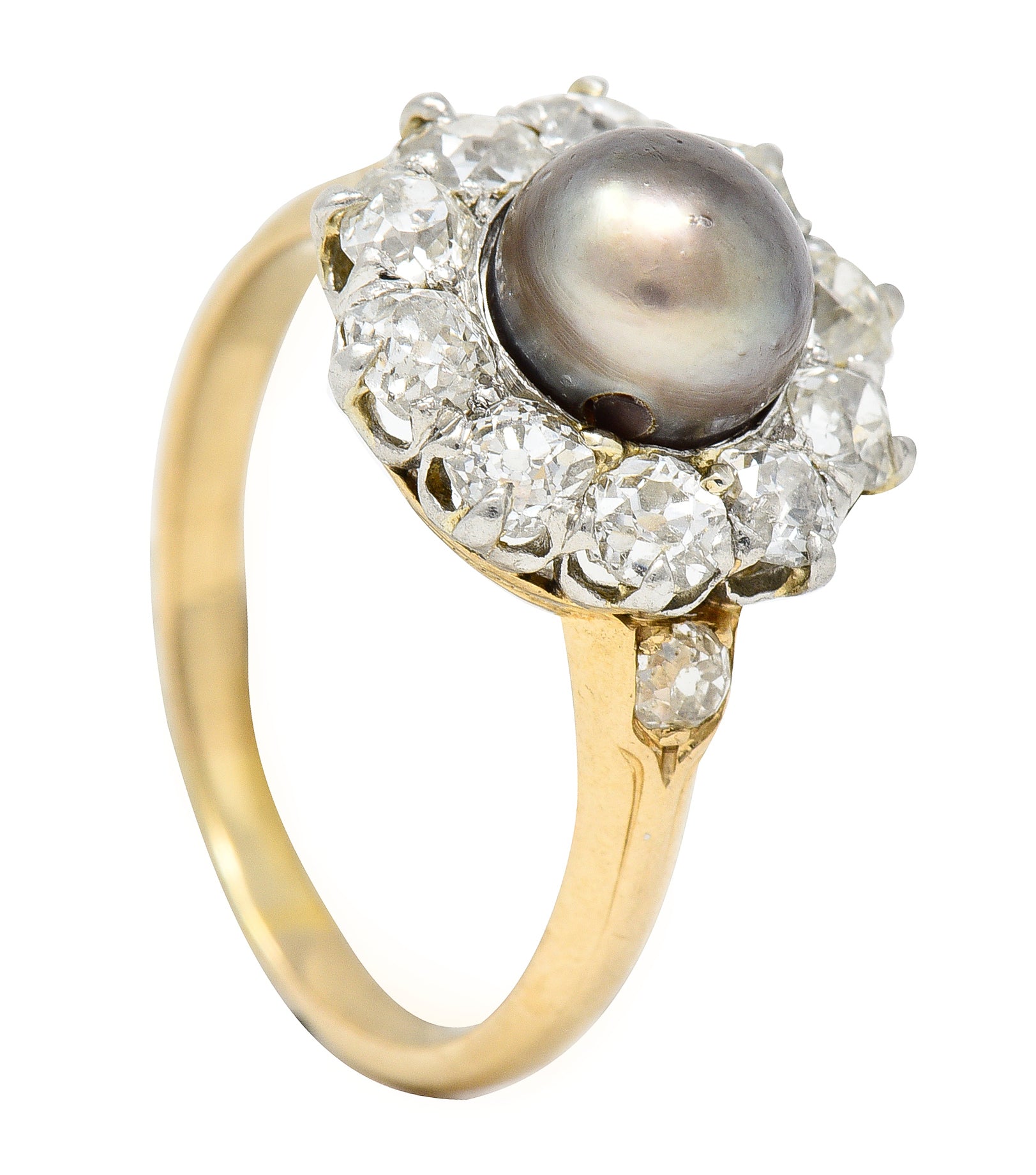 Edwardian 1.40 CTW Old Mine Cut Diamond Natural Pearl Platinum-Topped 14 Karat Yellow Gold Antique Cluster Ring Wilson's Estate Jewelry