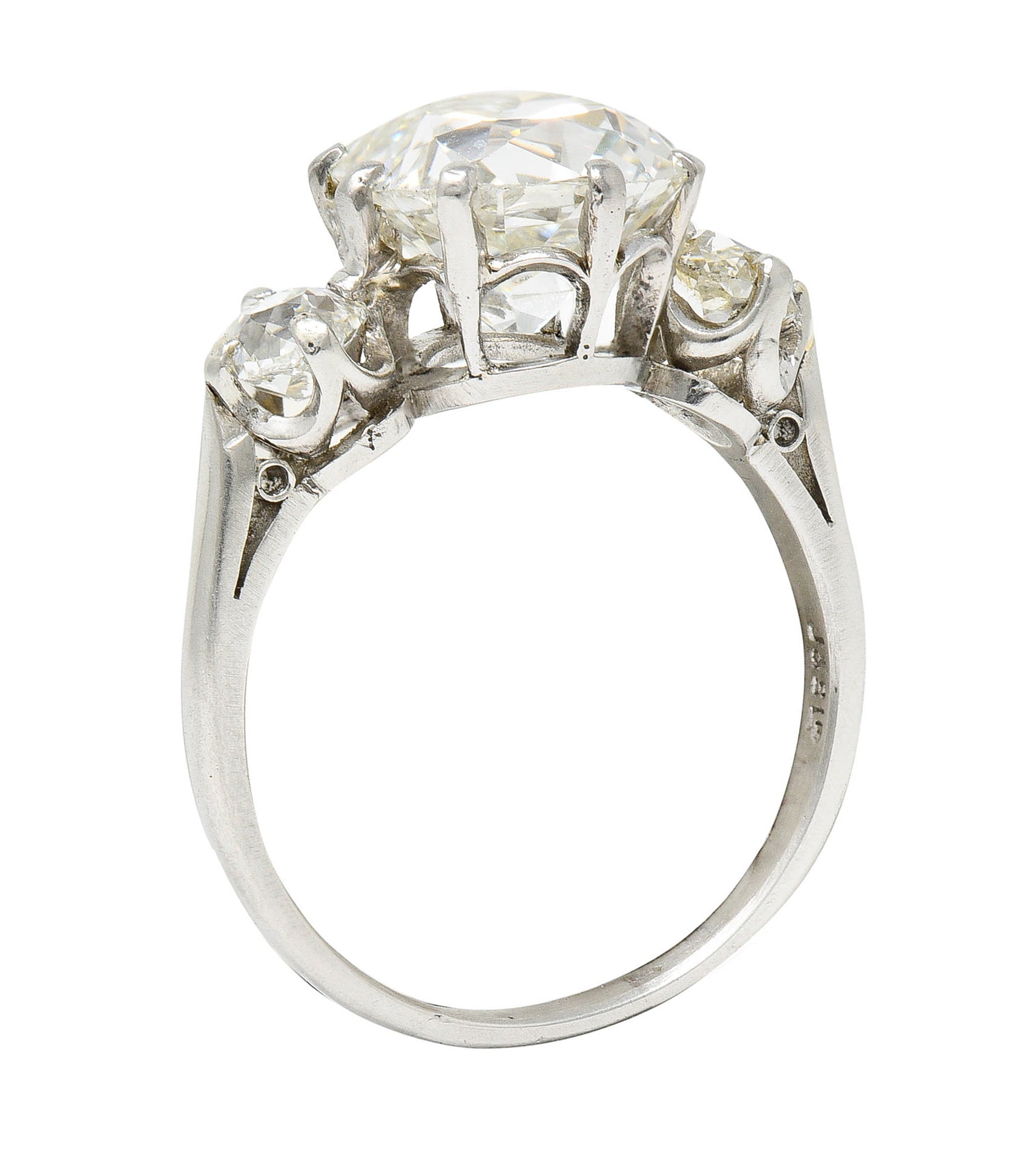 Edwardian 3.94 CTW Old Mine Diamond Platinum Three Stone RingRing - Wilson's Estate Jewelry