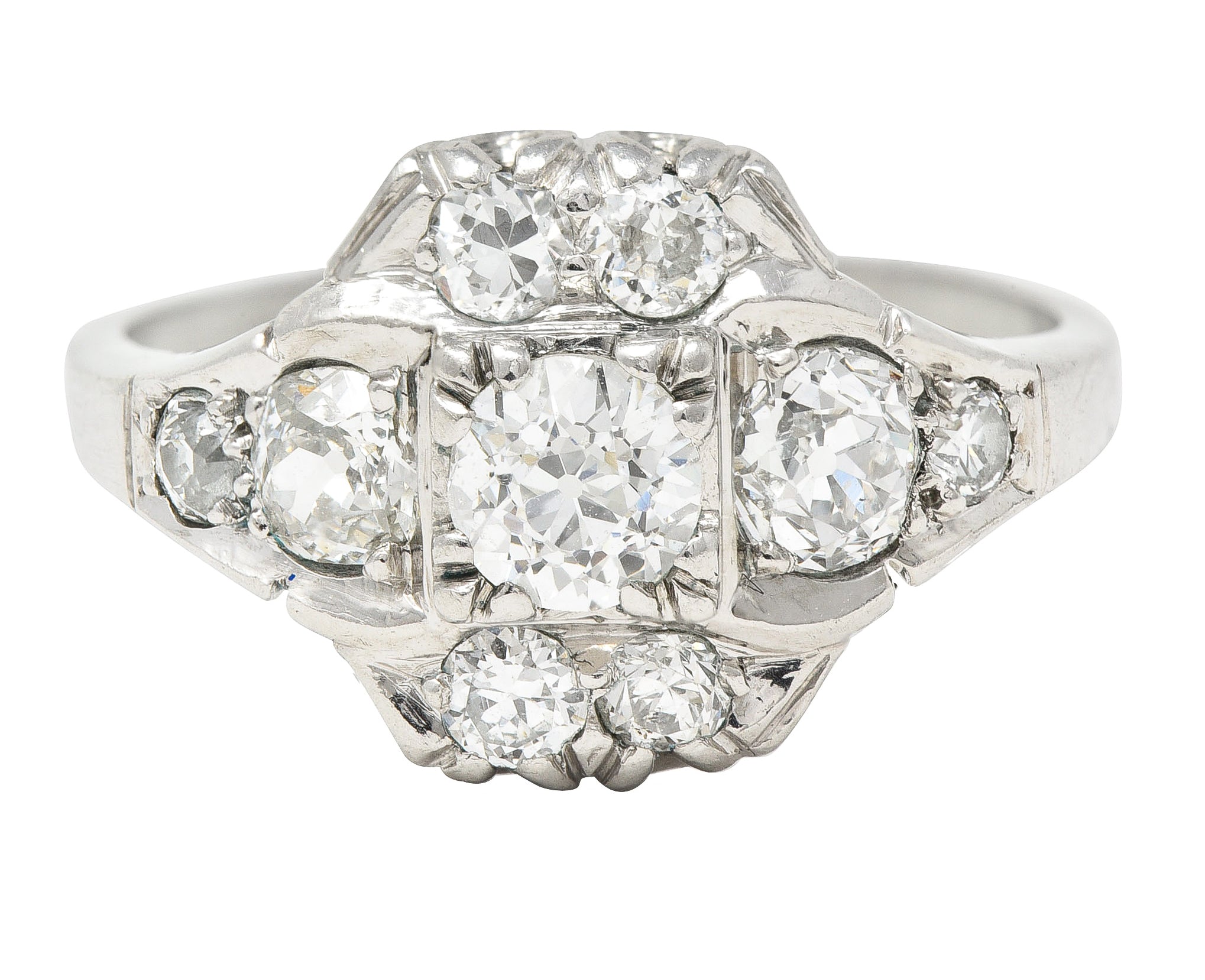 Mid-Century 1.11 CTW Old European Cut Diamond Platinum Quatrefoil Vintage Cluster Dinner Ring Wilson's Estate Jewelry