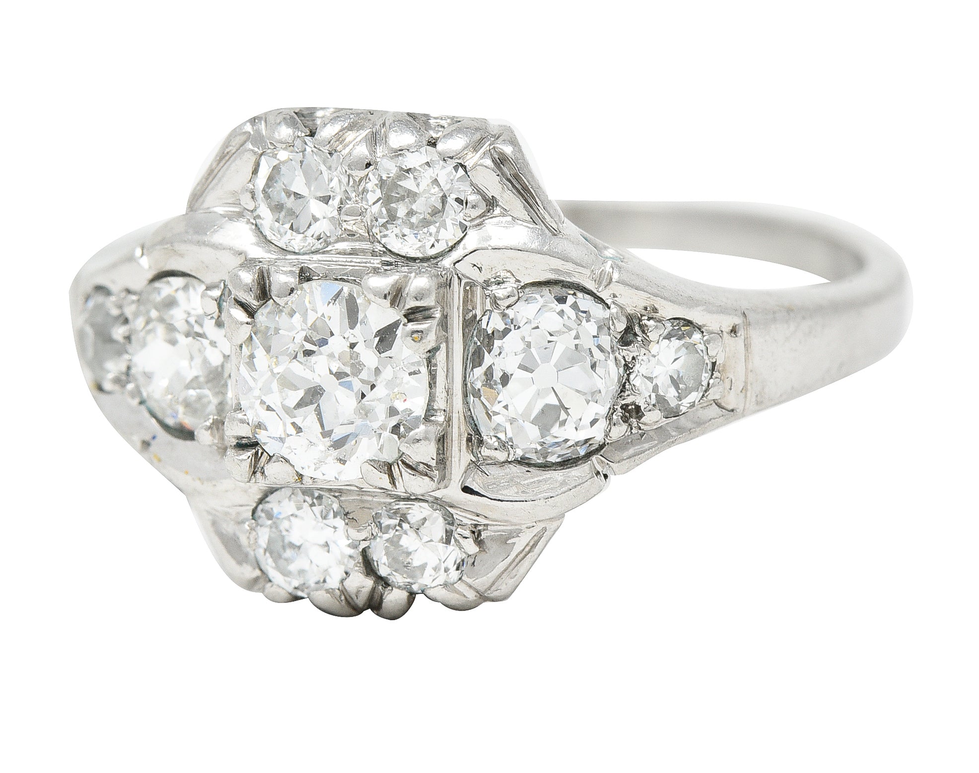 Mid-Century 1.11 CTW Old European Cut Diamond Platinum Quatrefoil Vintage Cluster Dinner Ring Wilson's Estate Jewelry