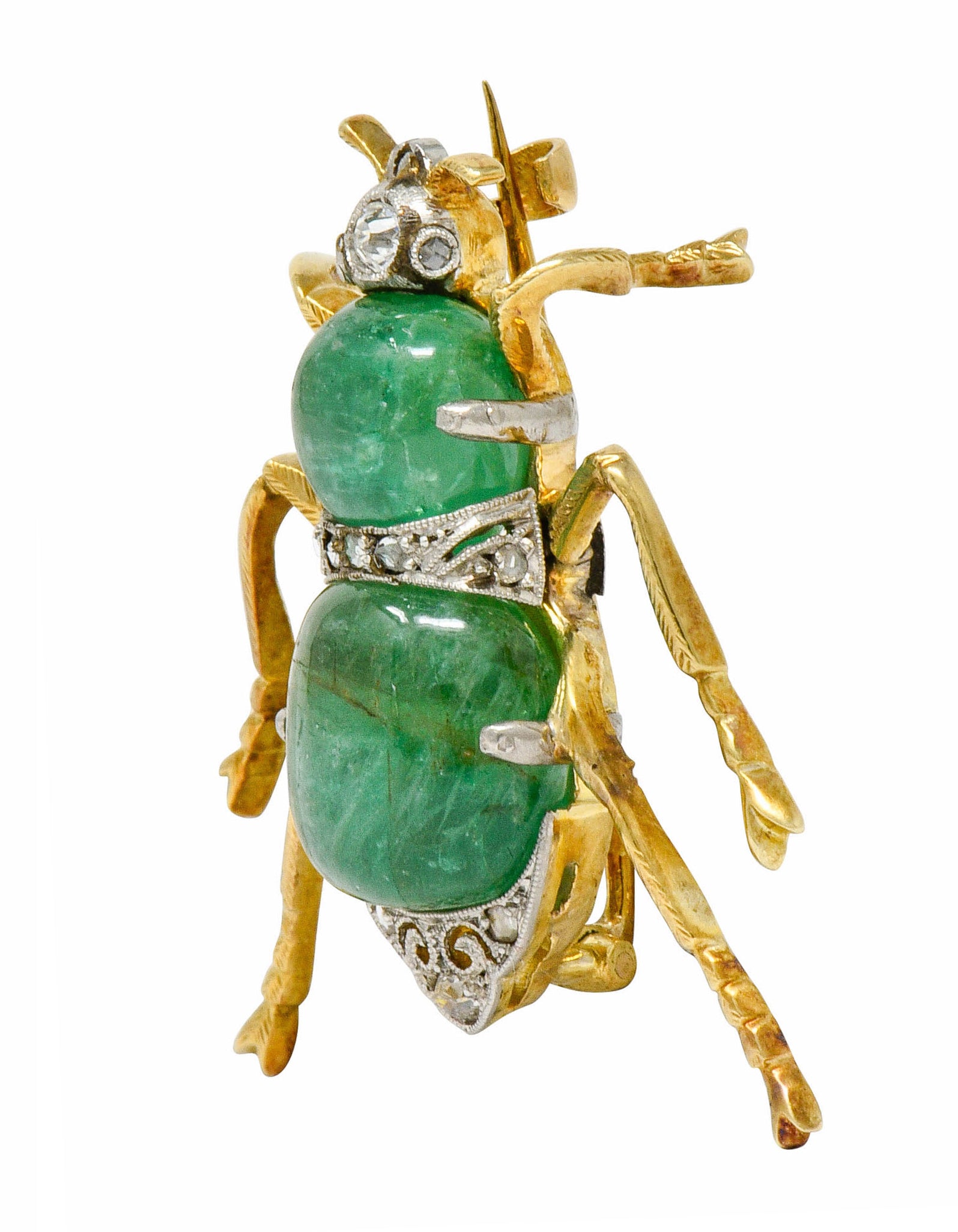 Edwardian Emerald Diamond Platinum-Topped 14 Karat Gold Insect Brooch - Wilson's Estate Jewelry