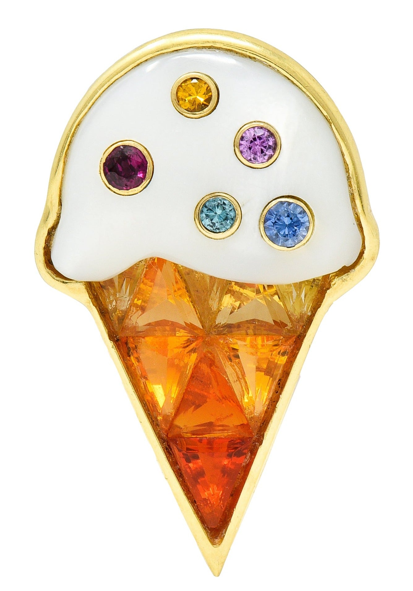 1990's Multi-Gem 18 Karat Yellow Gold Ice Cream Cone Vintage Brooch