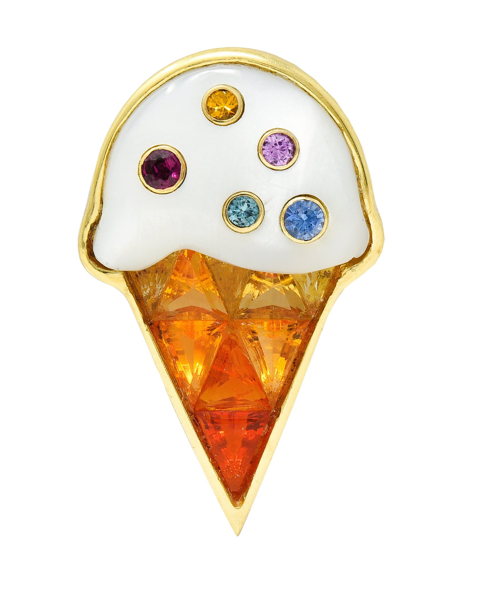 1990's Multi-Gem 18 Karat Yellow Gold Ice Cream Cone Vintage Brooch