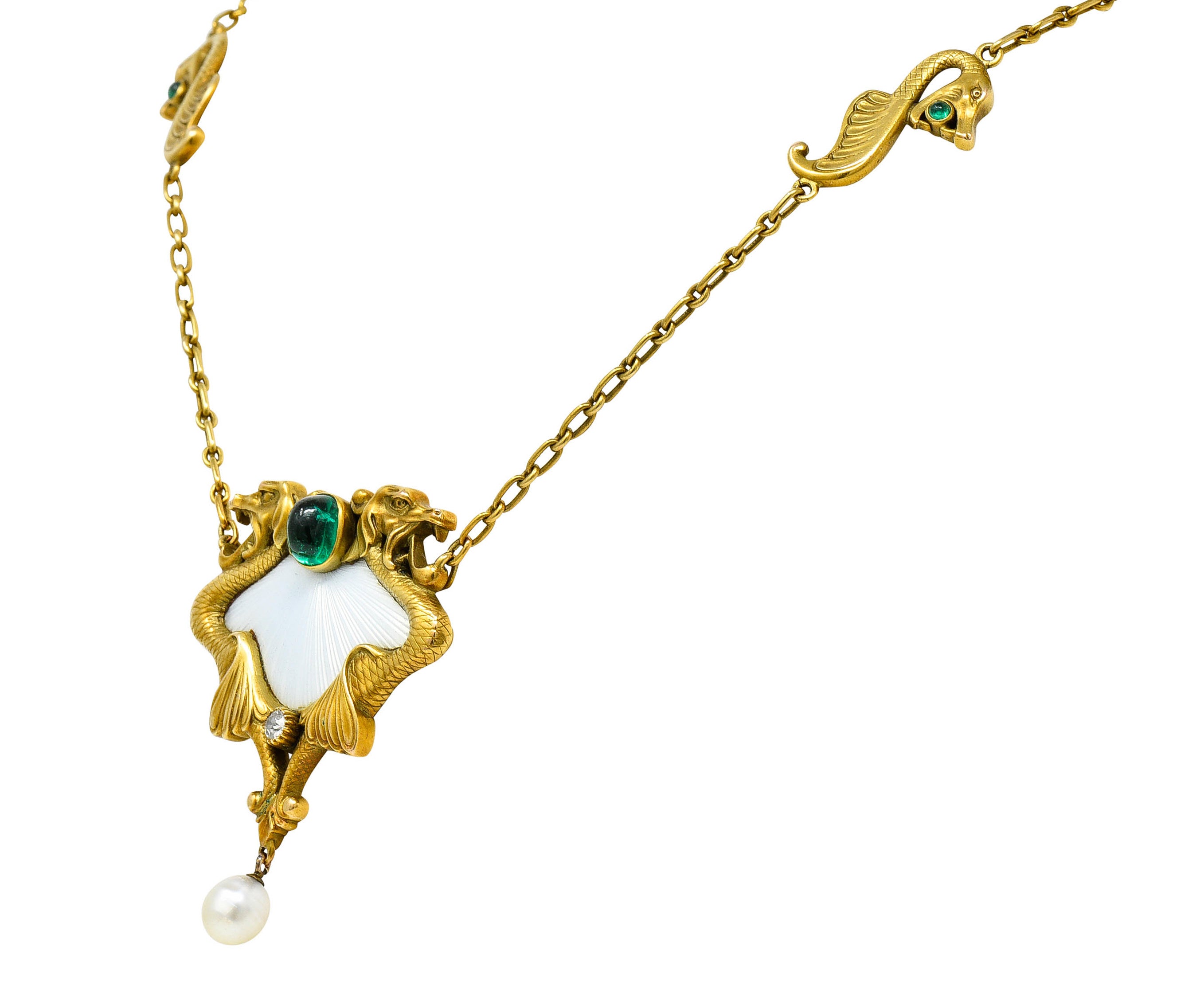 Art Nouveau Diamond Emerald Enamel Pearl 14 Karat Gold Serpent NecklaceNecklace - Wilson's Estate Jewelry