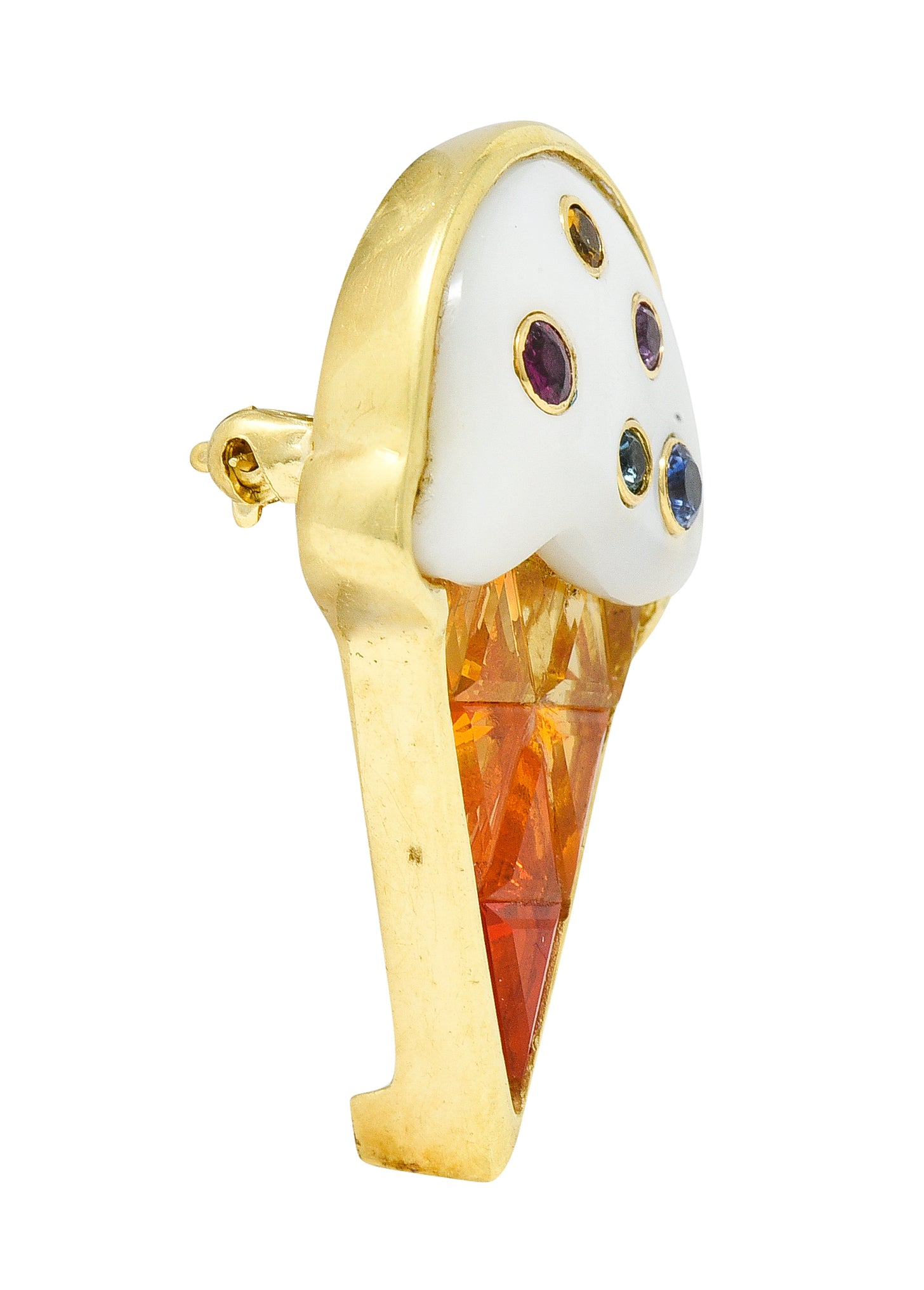 1990's Multi-Gem 18 Karat Yellow Gold Ice Cream Cone Vintage Brooch