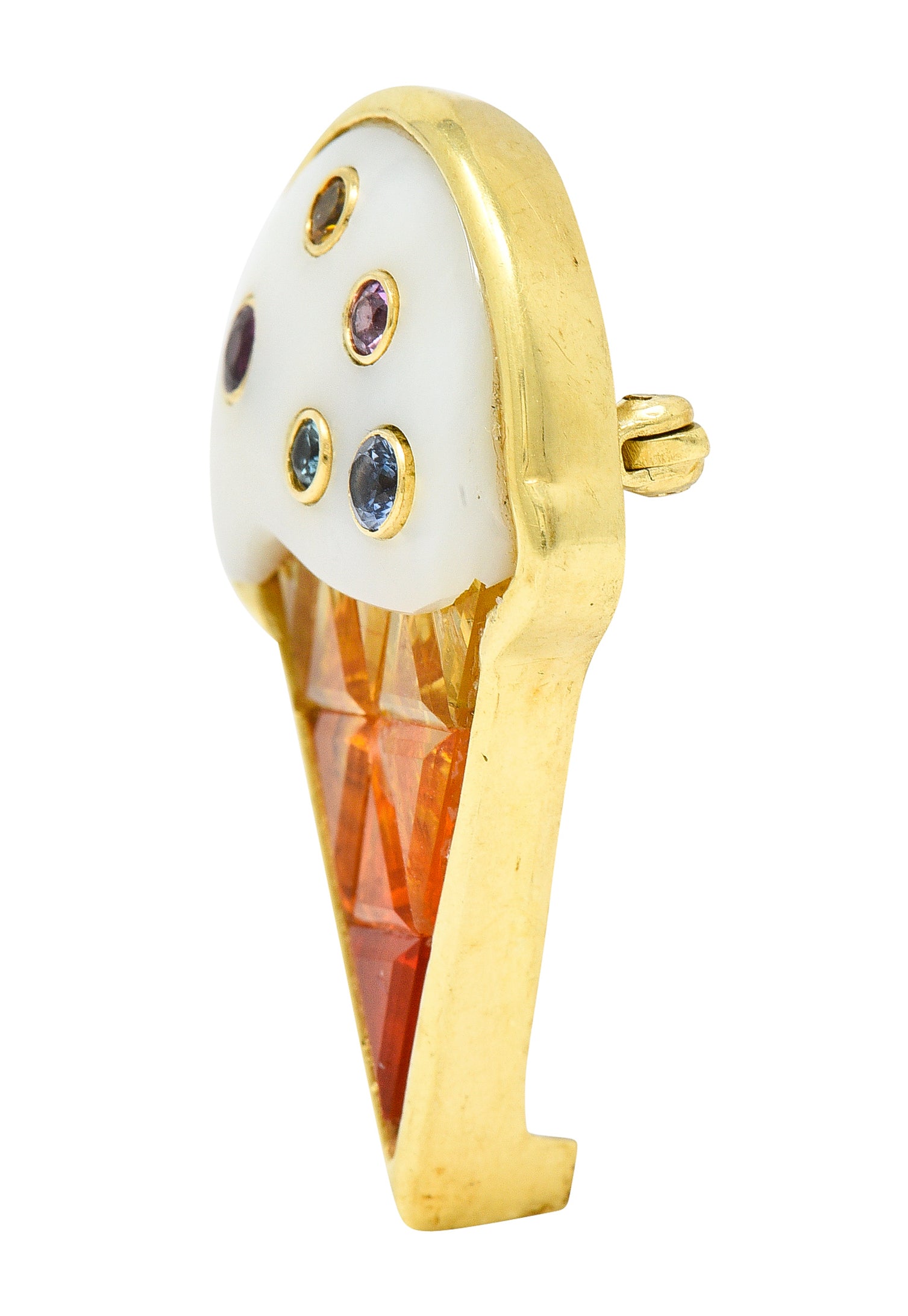 1990's Multi-Gem 18 Karat Yellow Gold Ice Cream Cone Vintage Brooch