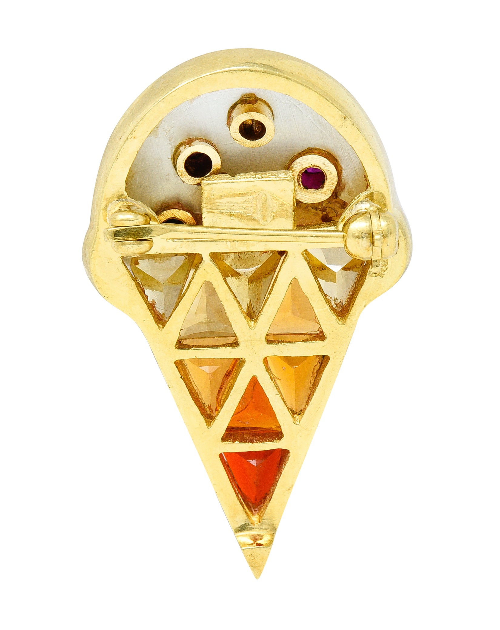 1990's Multi-Gem 18 Karat Yellow Gold Ice Cream Cone Vintage Brooch