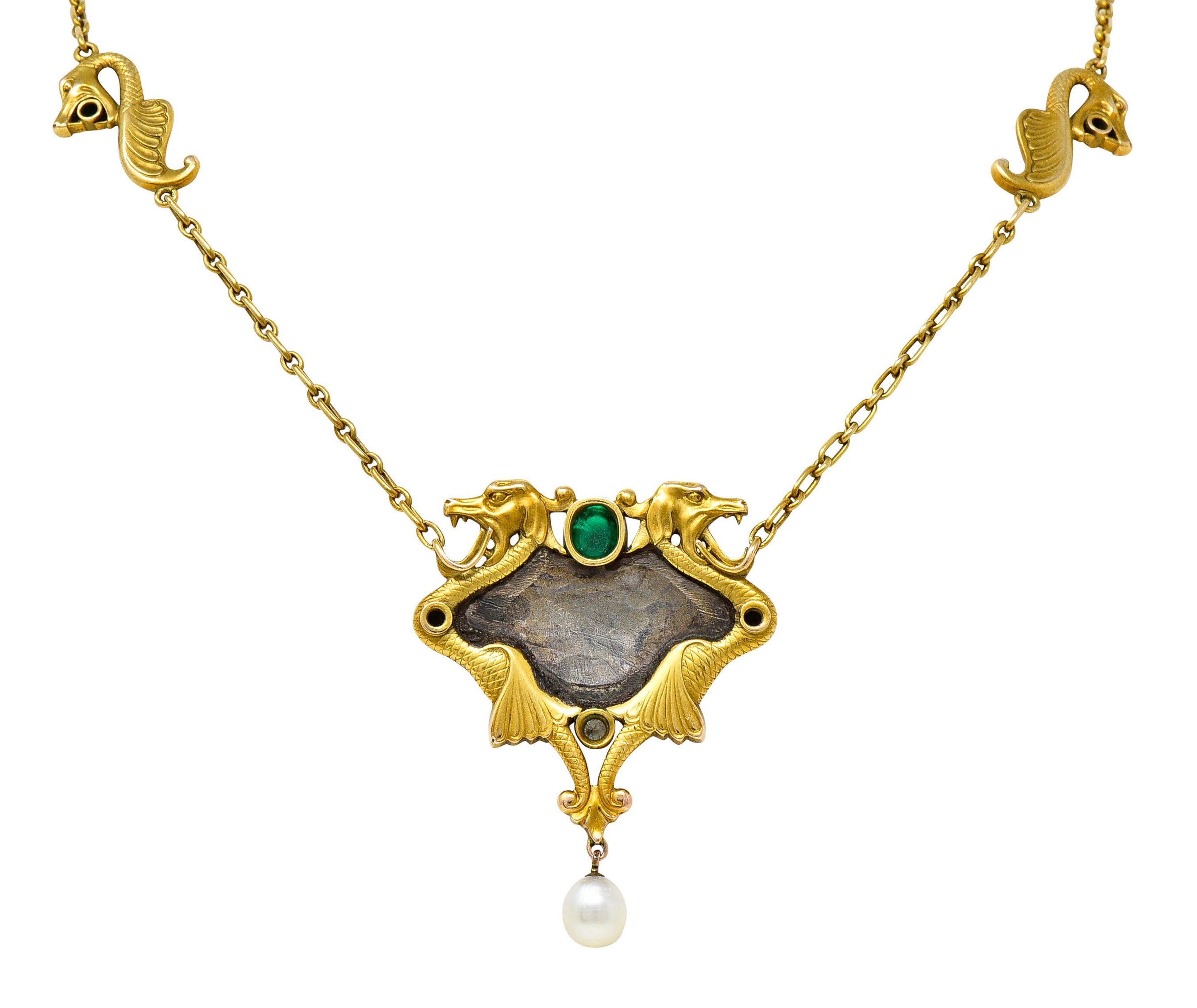 Art Nouveau Diamond Emerald Enamel Pearl 14 Karat Gold Serpent NecklaceNecklace - Wilson's Estate Jewelry