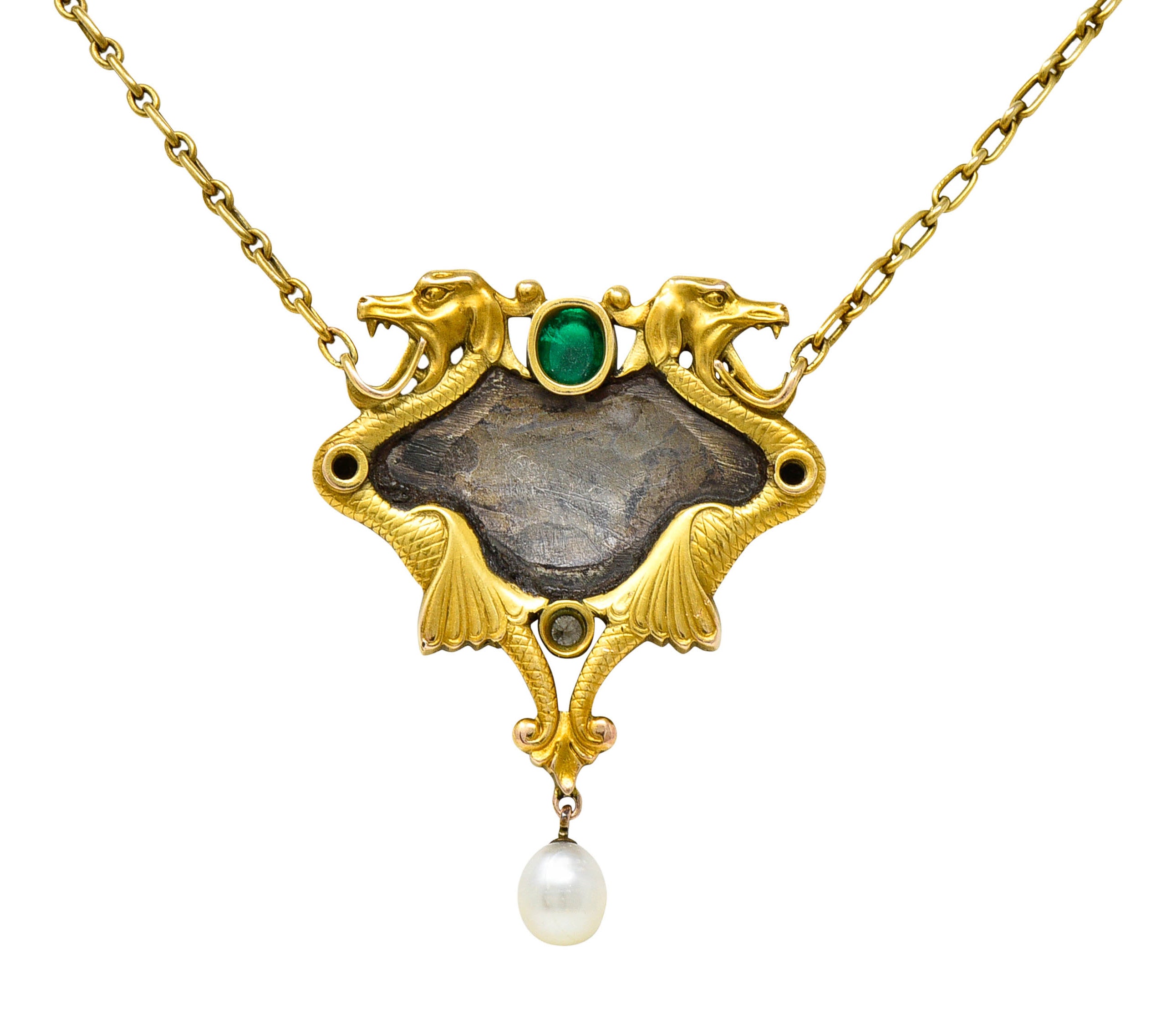 Art Nouveau Diamond Emerald Enamel Pearl 14 Karat Gold Serpent NecklaceNecklace - Wilson's Estate Jewelry