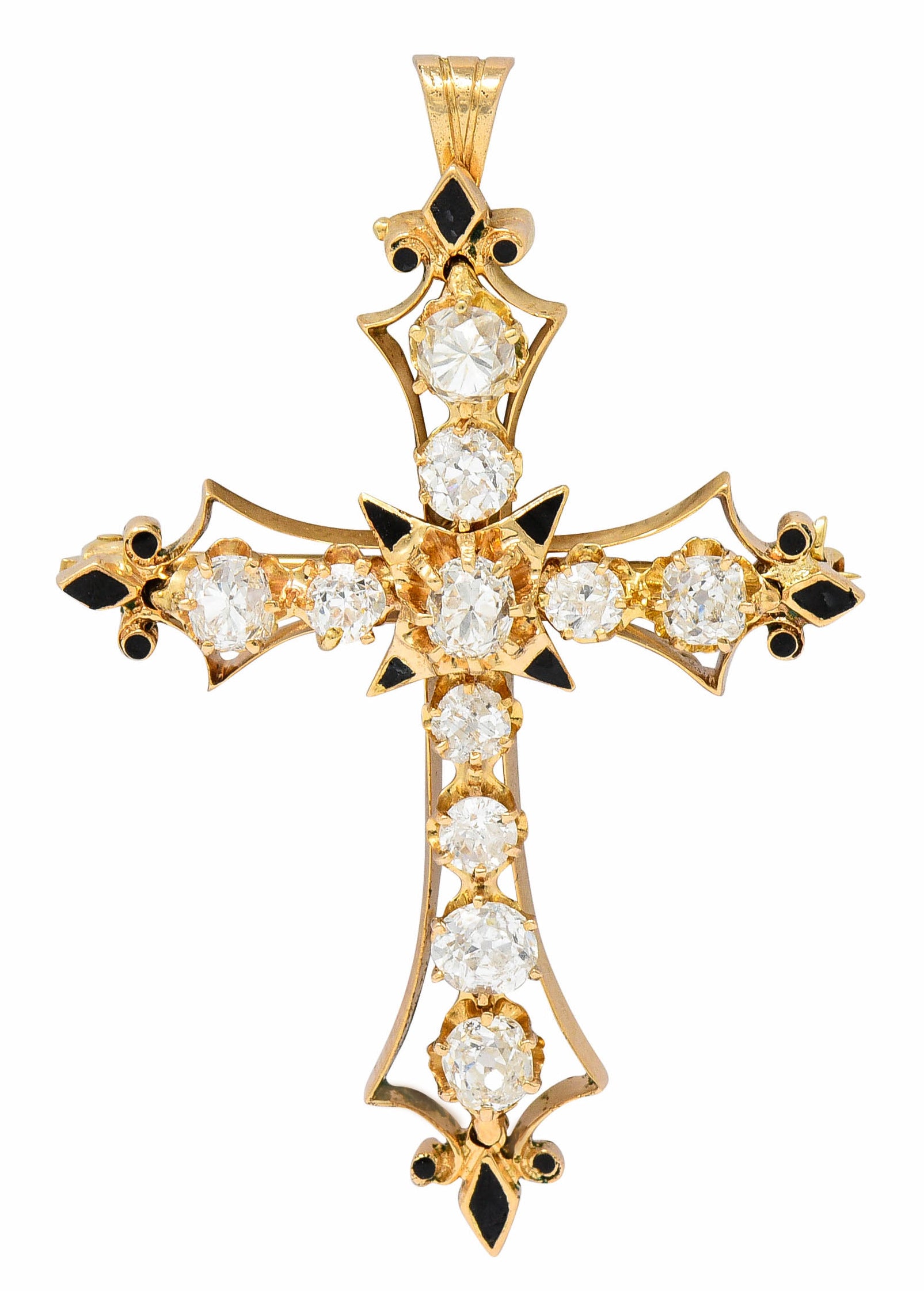 Victorian 2.85 CTW Diamond Enamel 14 Karat Gold Cross Pendant BroochNecklace - Wilson's Estate Jewelry