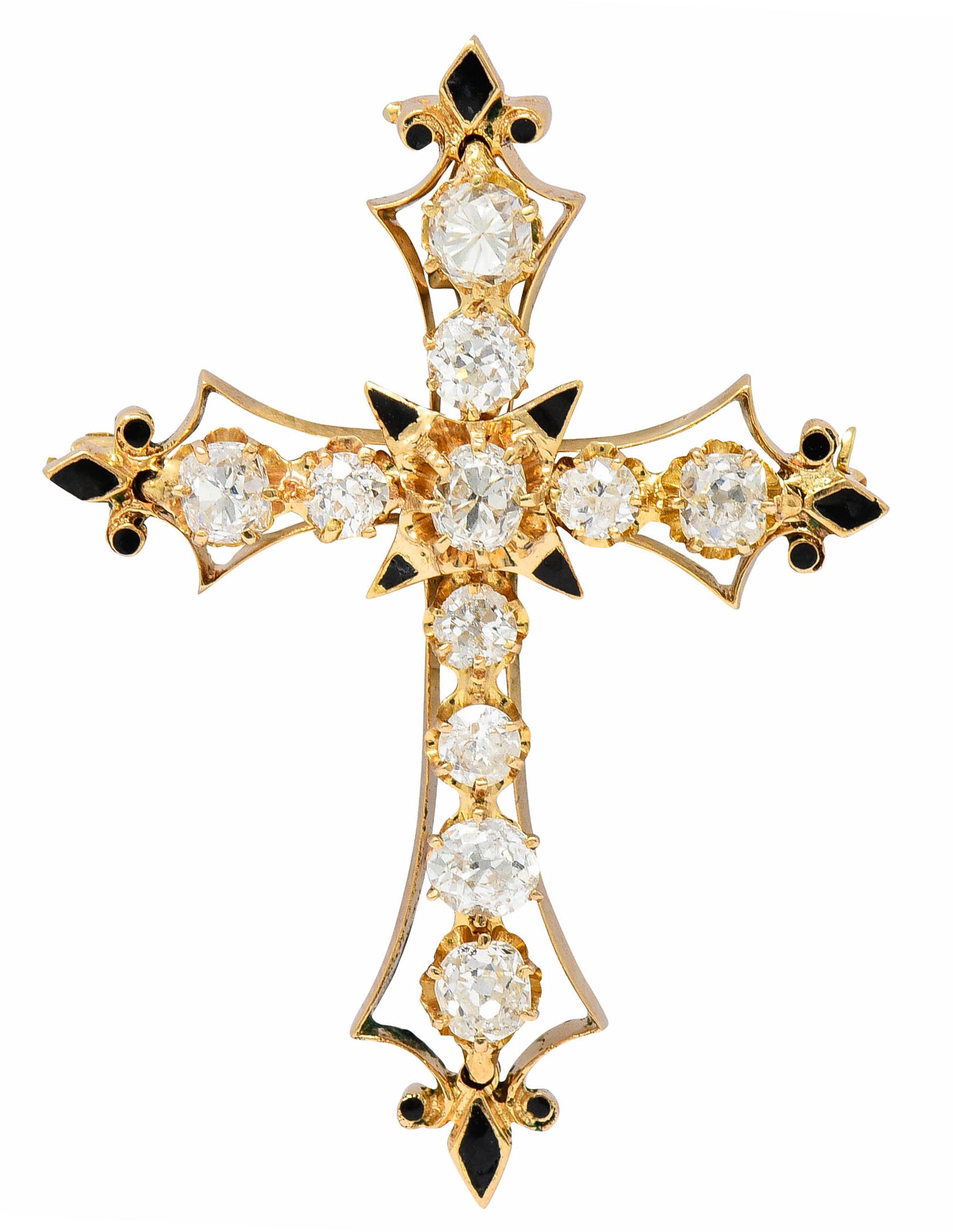 Victorian 2.85 CTW Diamond Enamel 14 Karat Gold Cross Pendant BroochNecklace - Wilson's Estate Jewelry