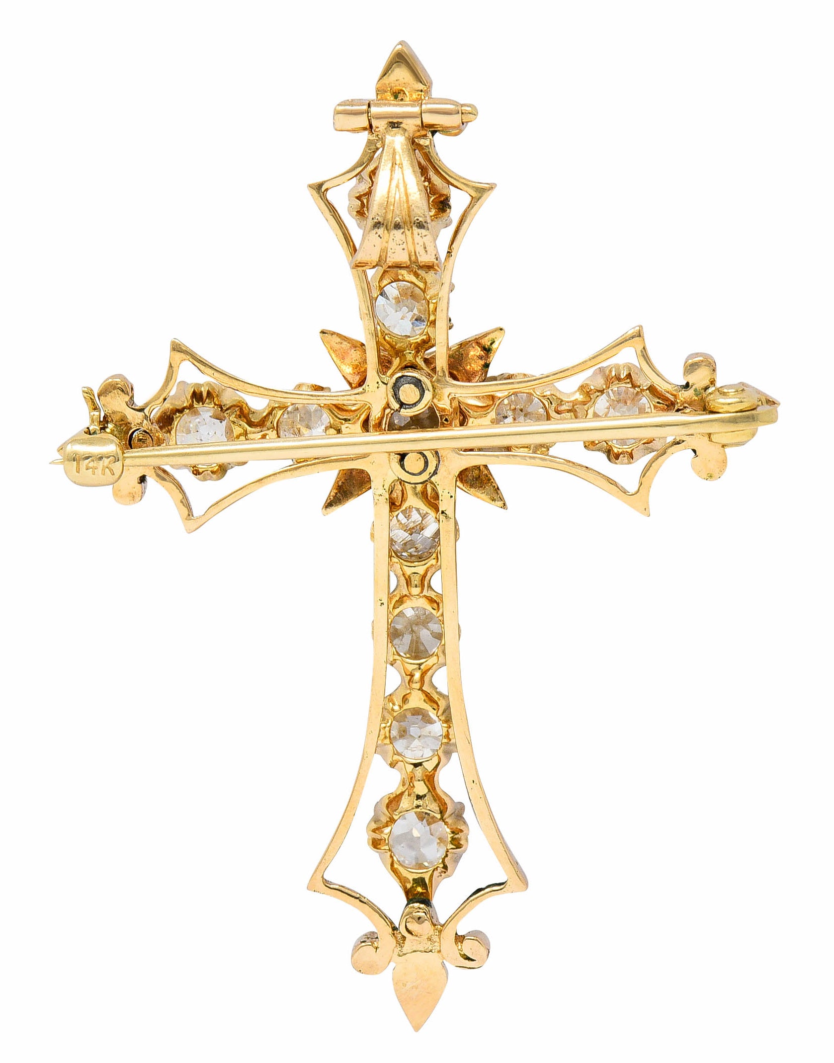 Victorian 2.85 CTW Diamond Enamel 14 Karat Gold Cross Pendant BroochNecklace - Wilson's Estate Jewelry