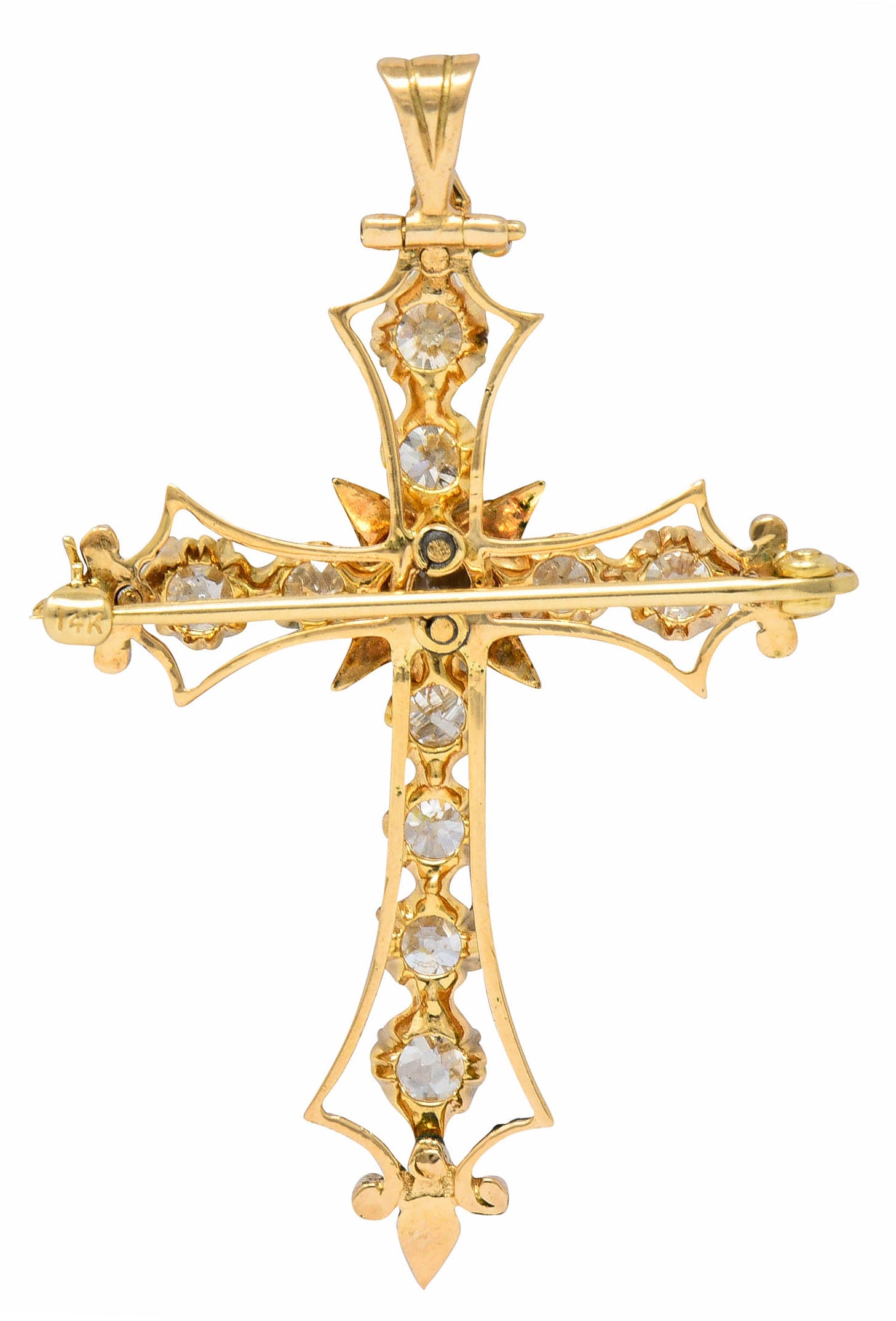 Victorian 2.85 CTW Diamond Enamel 14 Karat Gold Cross Pendant BroochNecklace - Wilson's Estate Jewelry