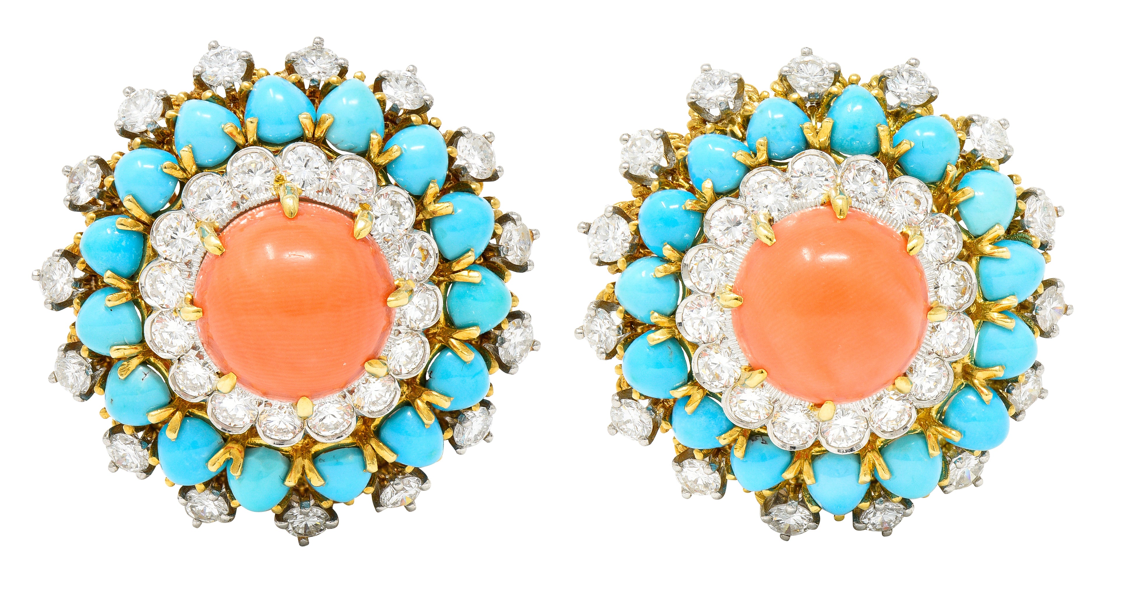 Mid-Century 5.26 CTW Diamond Coral Turquoise Platinum 18 Karat Yellow Gold Vintage Cluster Earrings Wilson's Estate Jewelry