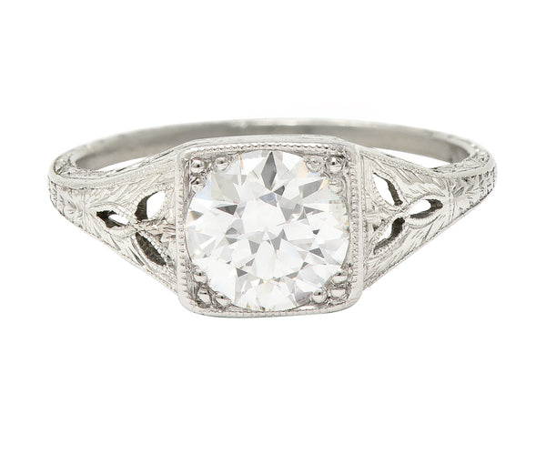 Art Deco 1.06 CTW European Diamond Platinum Foliate Vintage Engagement Ring GIA