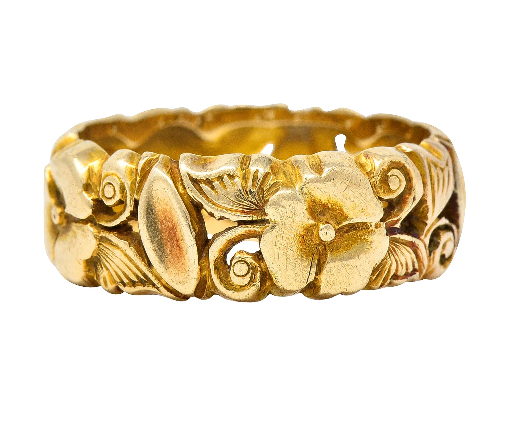 Art Nouveau 14 Karat Yellow Gold Pansy Antique Floral Eternity Band Ring Wilson's Estate Jewelry