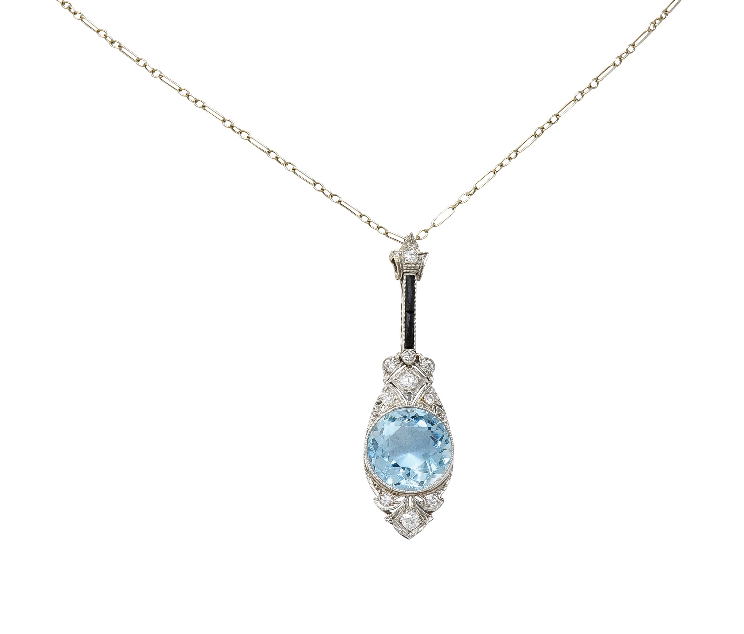 Art Deco Onyx 5.20 CTW Diamond Aquamarine Platinum Pendant Necklace Wilson's Antique & Estate Jewelry