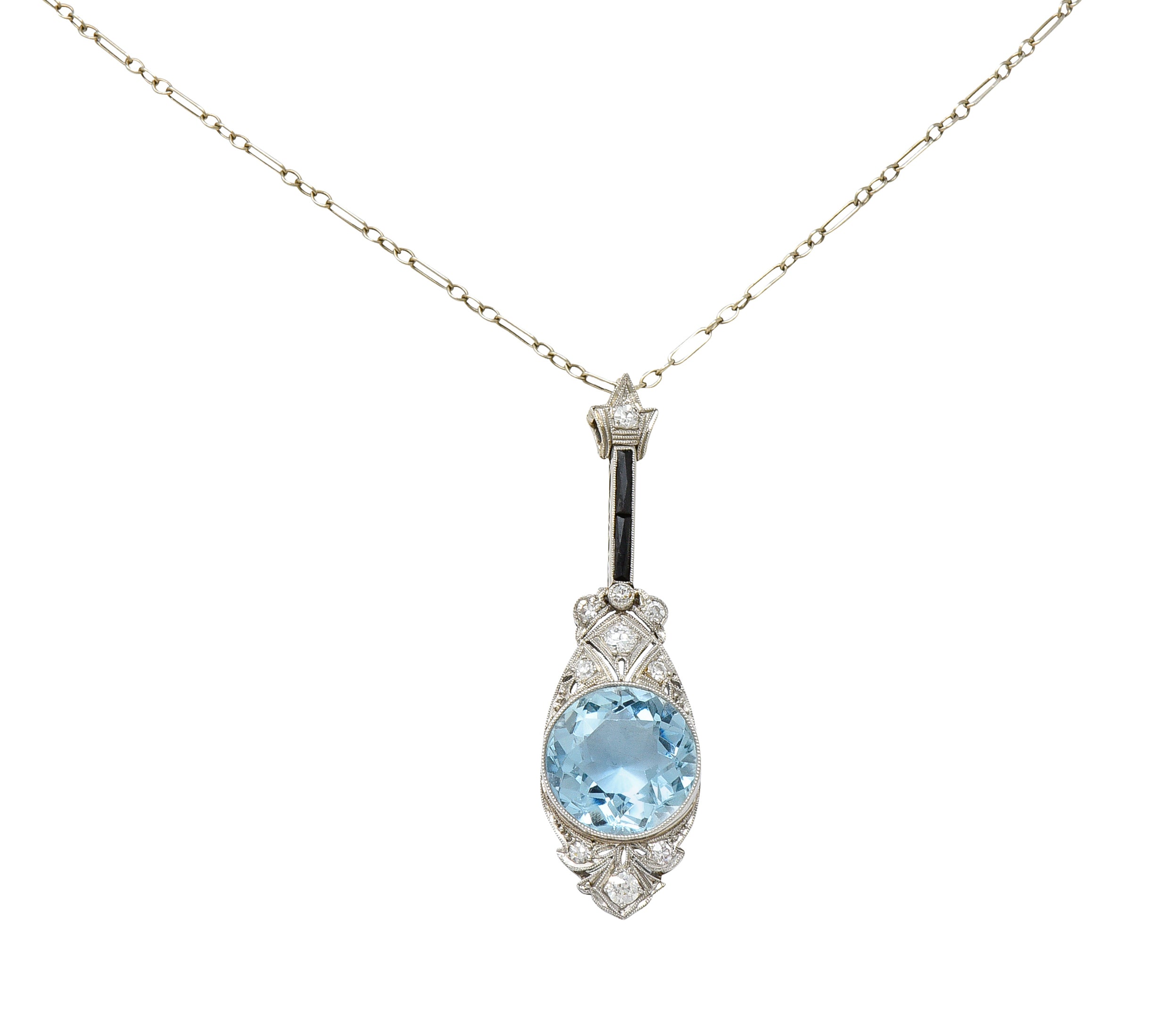 Art Deco Onyx 5.20 CTW Diamond Aquamarine Platinum Pendant Necklace Wilson's Antique & Estate Jewelry