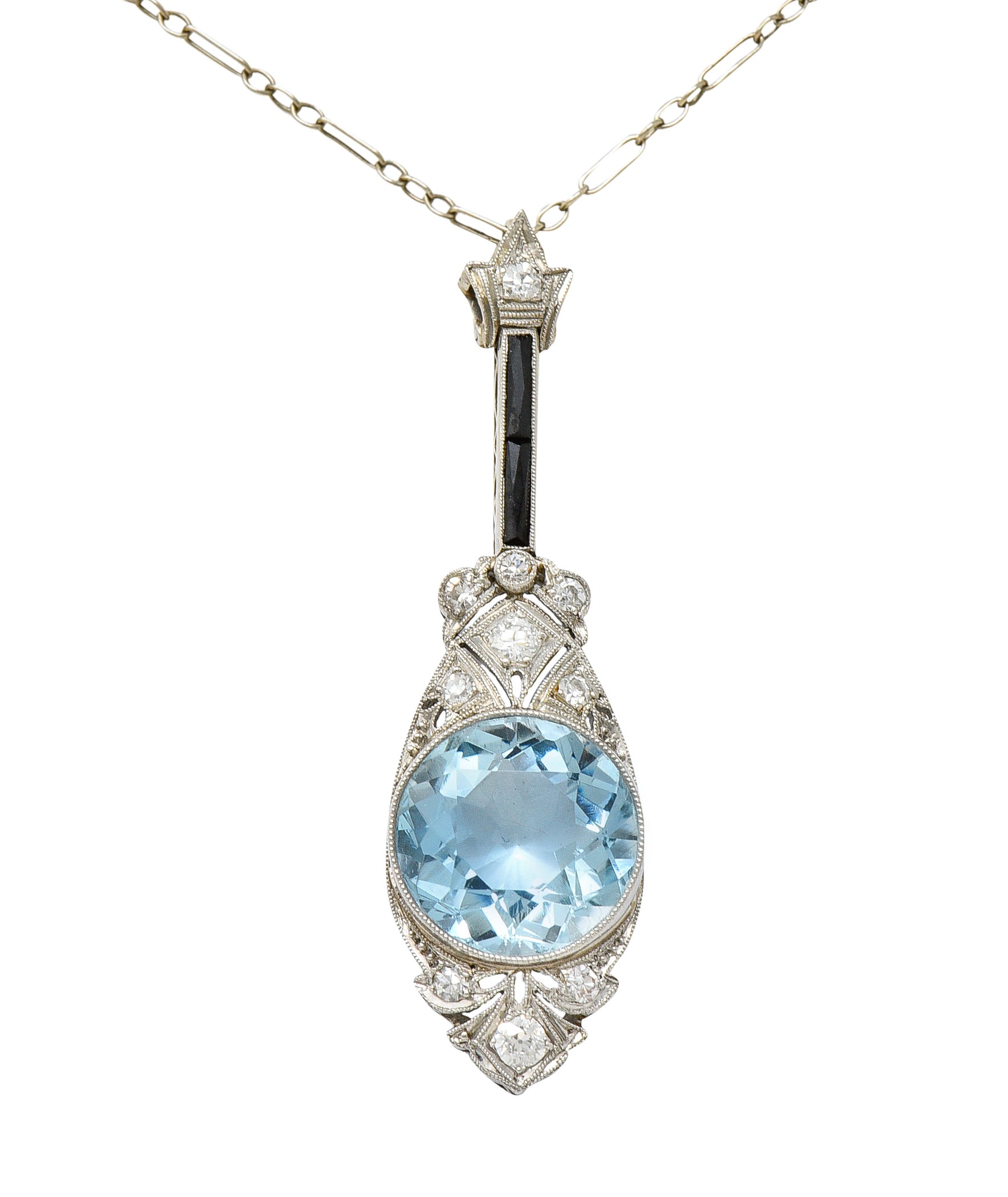 Art Deco Onyx 5.20 CTW Diamond Aquamarine Platinum Pendant Necklace Wilson's Antique & Estate Jewelry