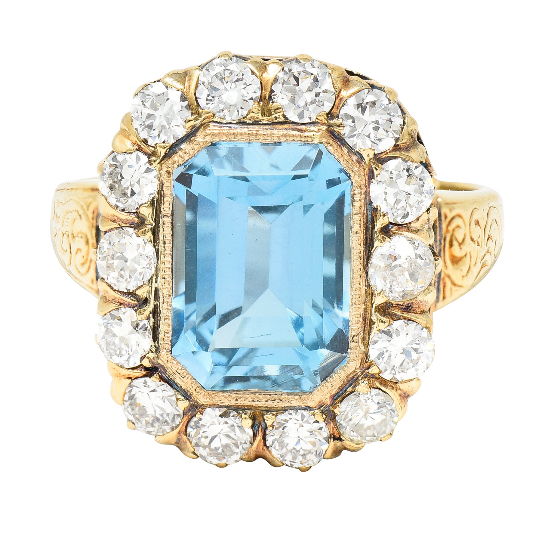 Retro 4.92 CTW Aquamarine Old European Cut Diamond 14 Karat Yellow Gold Halo Cluster Ring Wilson's Estate Jewelry