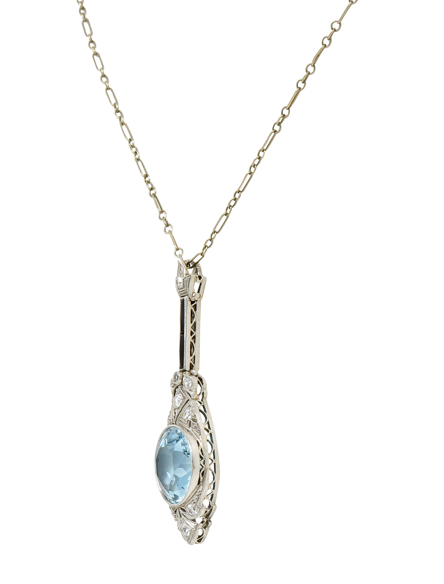 Art Deco Onyx 5.20 CTW Diamond Aquamarine Platinum Pendant Necklace Wilson's Antique & Estate Jewelry