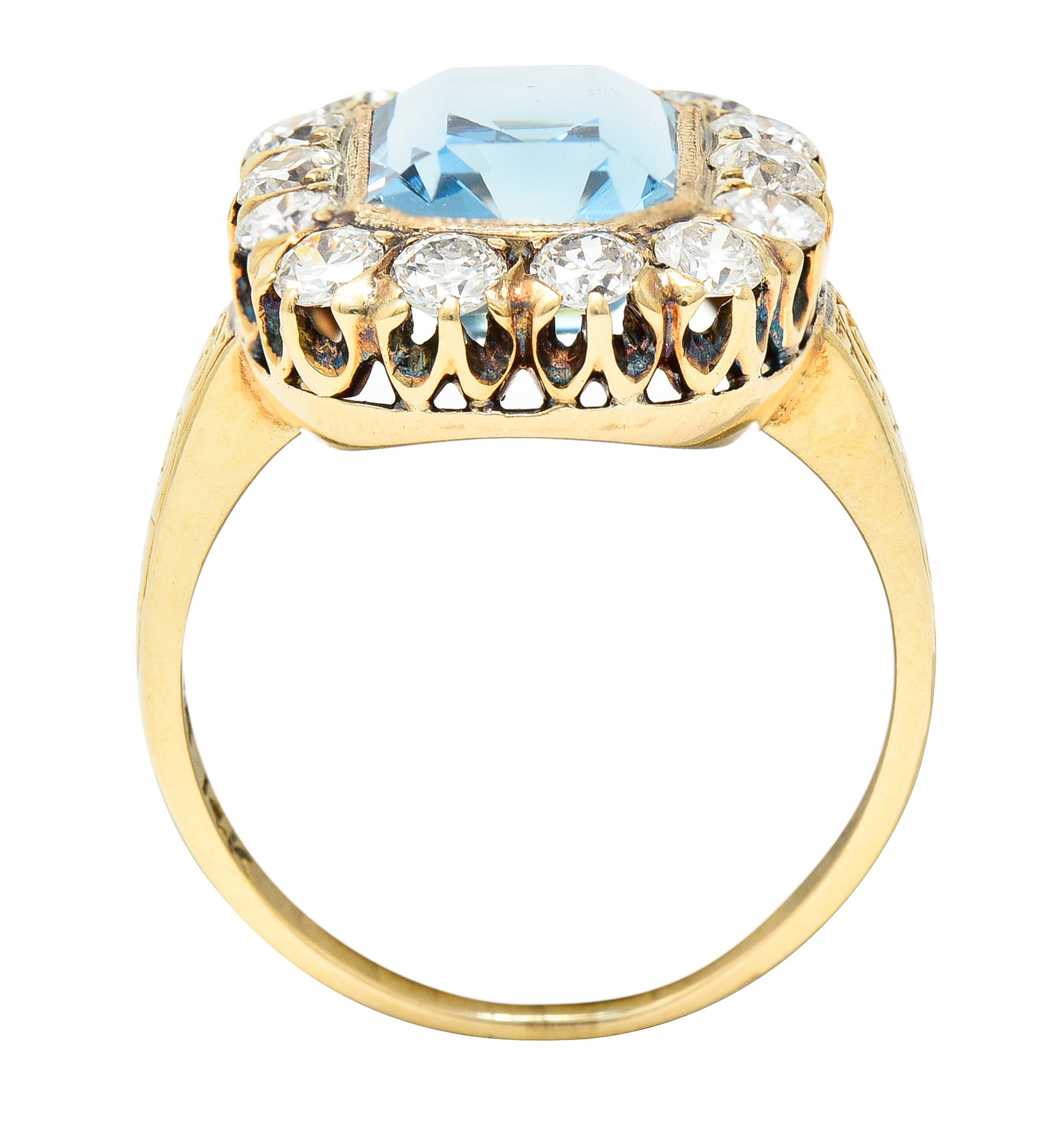 Retro 4.92 CTW Aquamarine Old European Cut Diamond 14 Karat Yellow Gold Halo Cluster Ring Wilson's Estate Jewelry