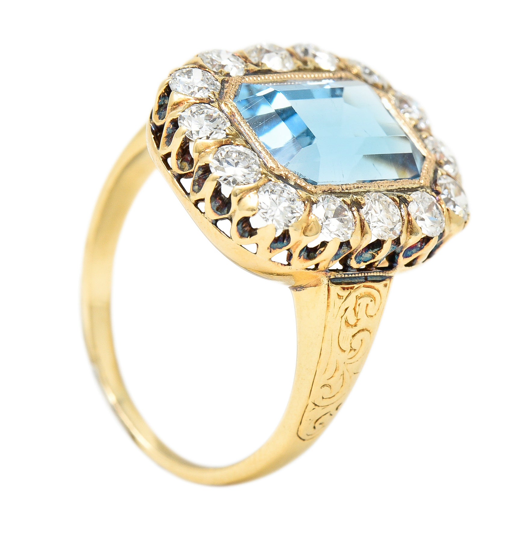 Retro 4.92 CTW Aquamarine Old European Cut Diamond 14 Karat Yellow Gold Halo Cluster Ring Wilson's Estate Jewelry