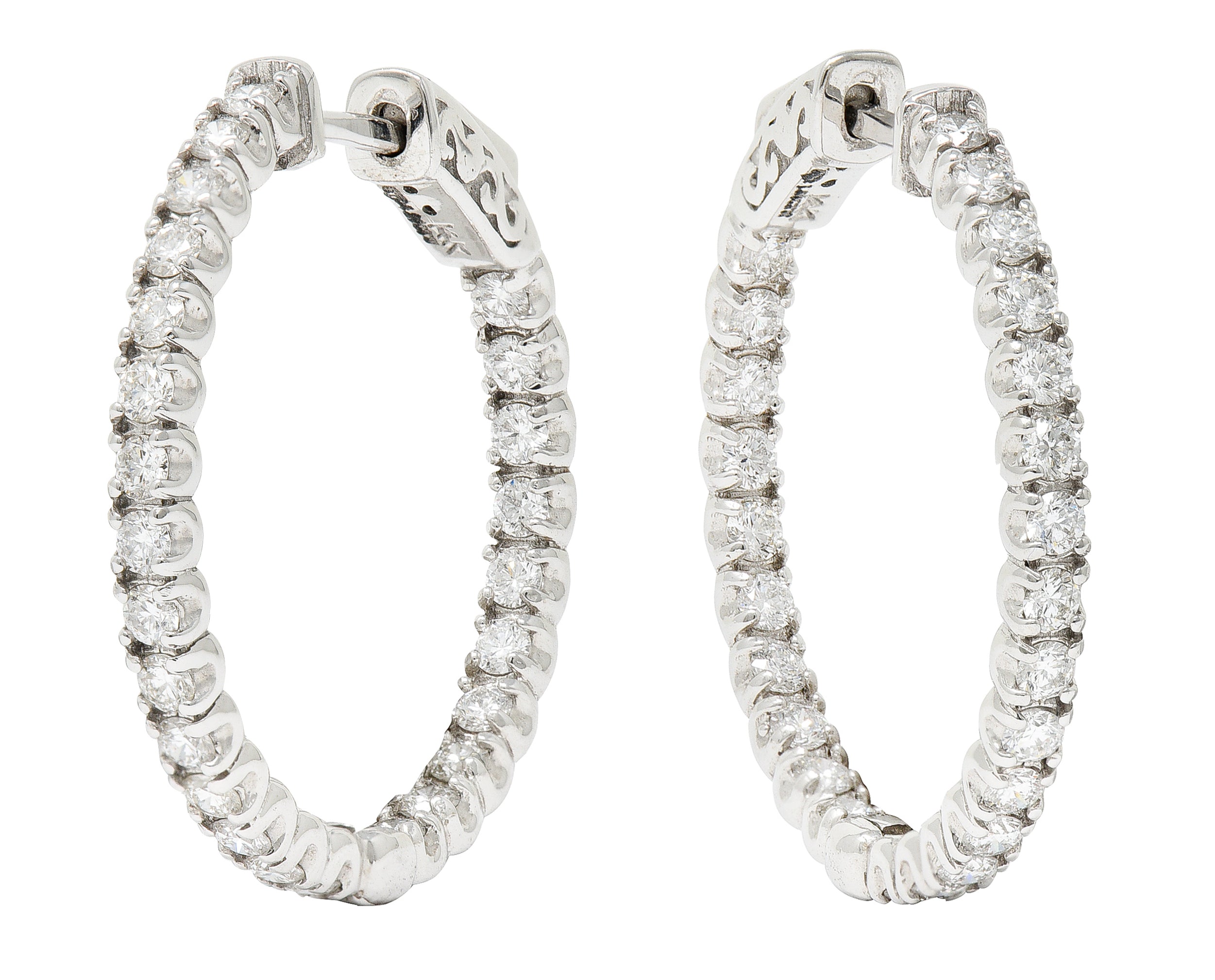 1.50 Carats Diamond 14 Karat White Gold Inside Outside 27 MM Hoop Earrings Wilson's Estate Jewelry