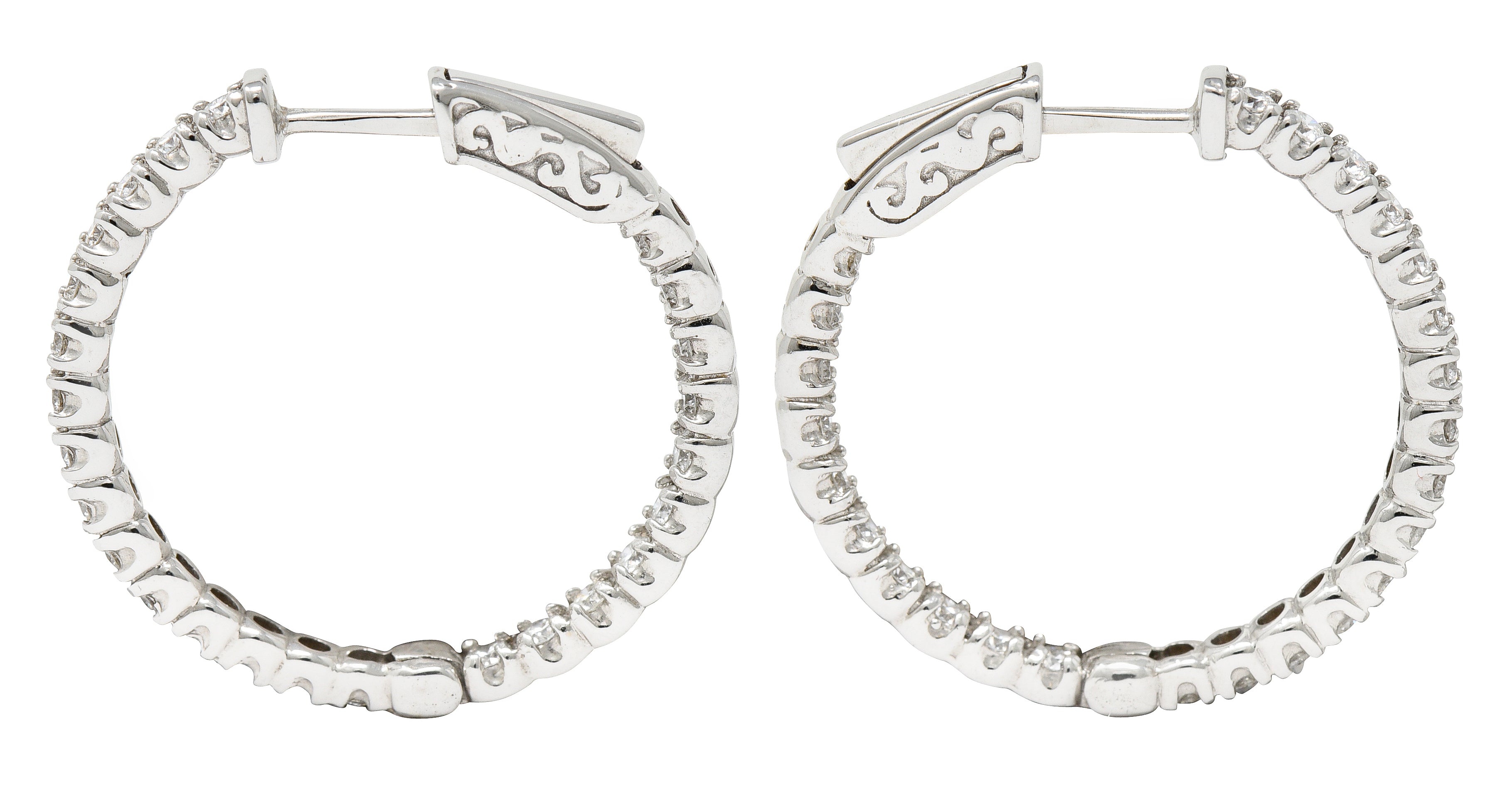 1.50 Carats Diamond 14 Karat White Gold Inside Outside 27 MM Hoop Earrings Wilson's Estate Jewelry