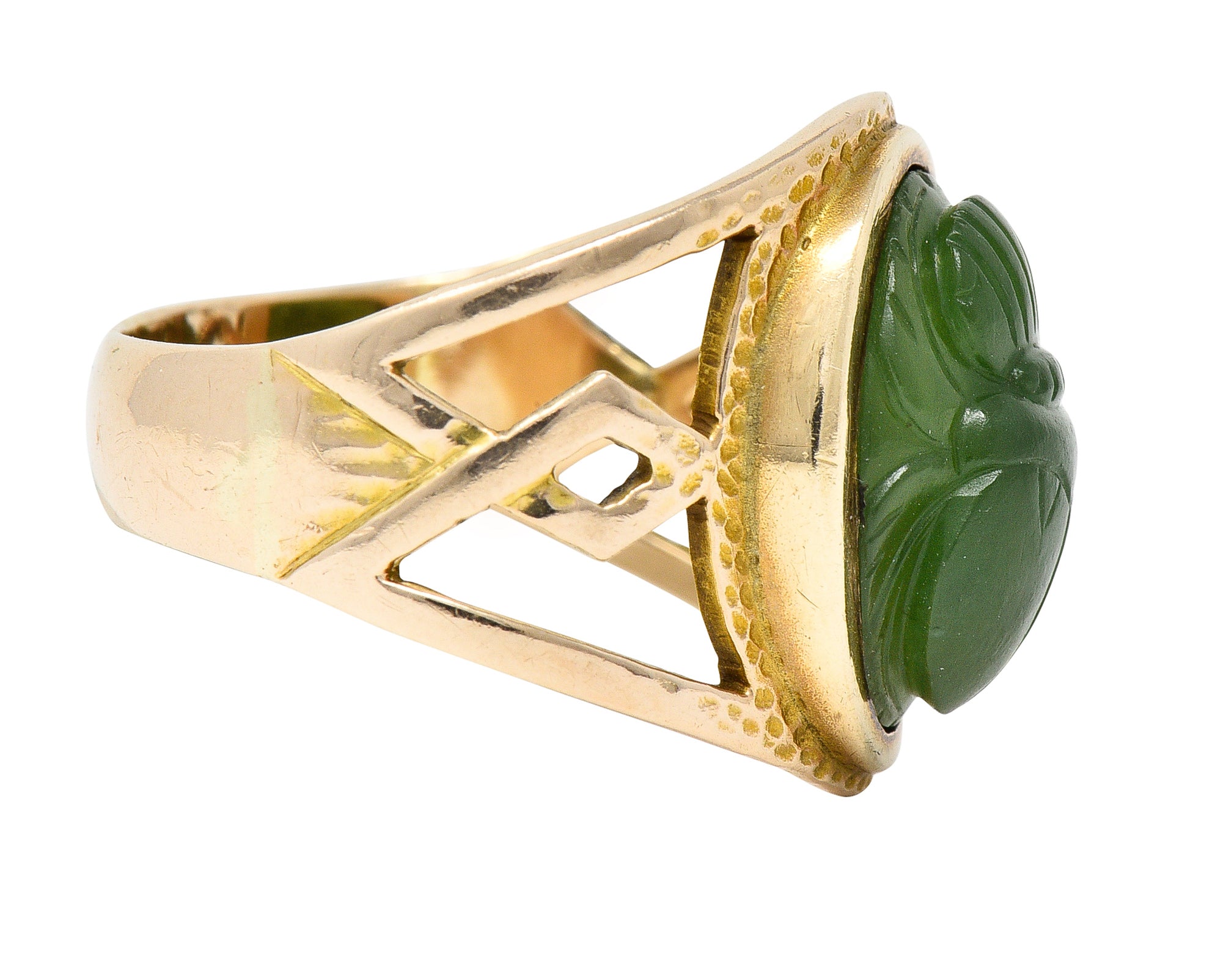 Victorian Egyptian Revival Carved Nephrite 14 Karat Yellow Gold Antique Scarab Ring Wilson's Estate Jewelry