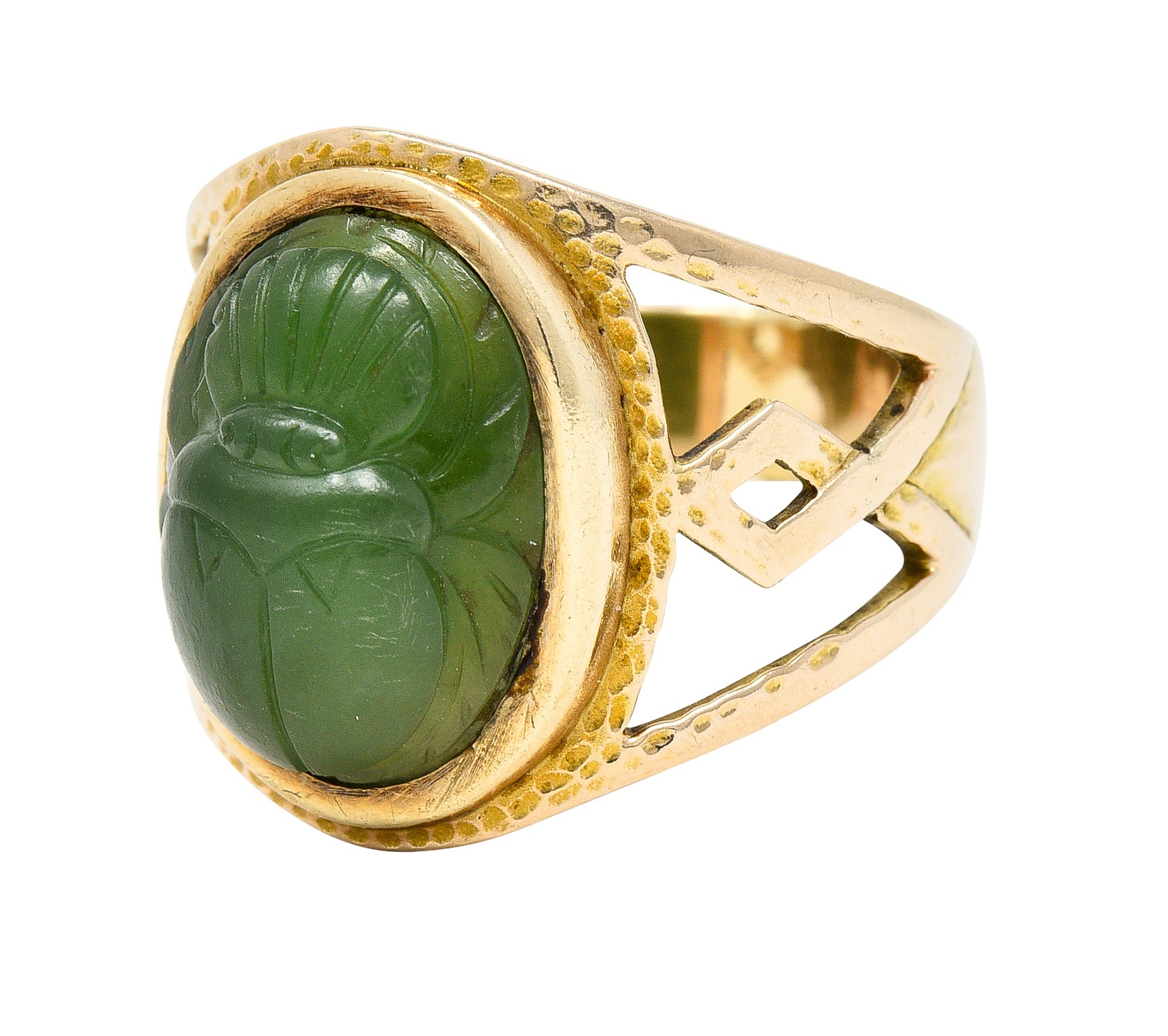 Victorian Egyptian Revival Carved Nephrite 14 Karat Yellow Gold Antique Scarab Ring Wilson's Estate Jewelry