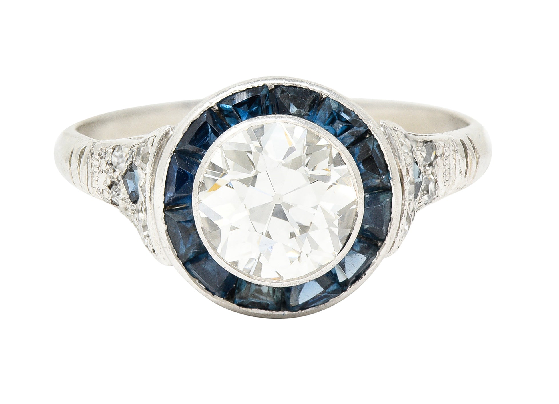 Art Deco 1.22 CTW Old European Cut Diamond Sapphire Halo Greek Key Foliate Engagement Ring Wilson's Estate Jewelry