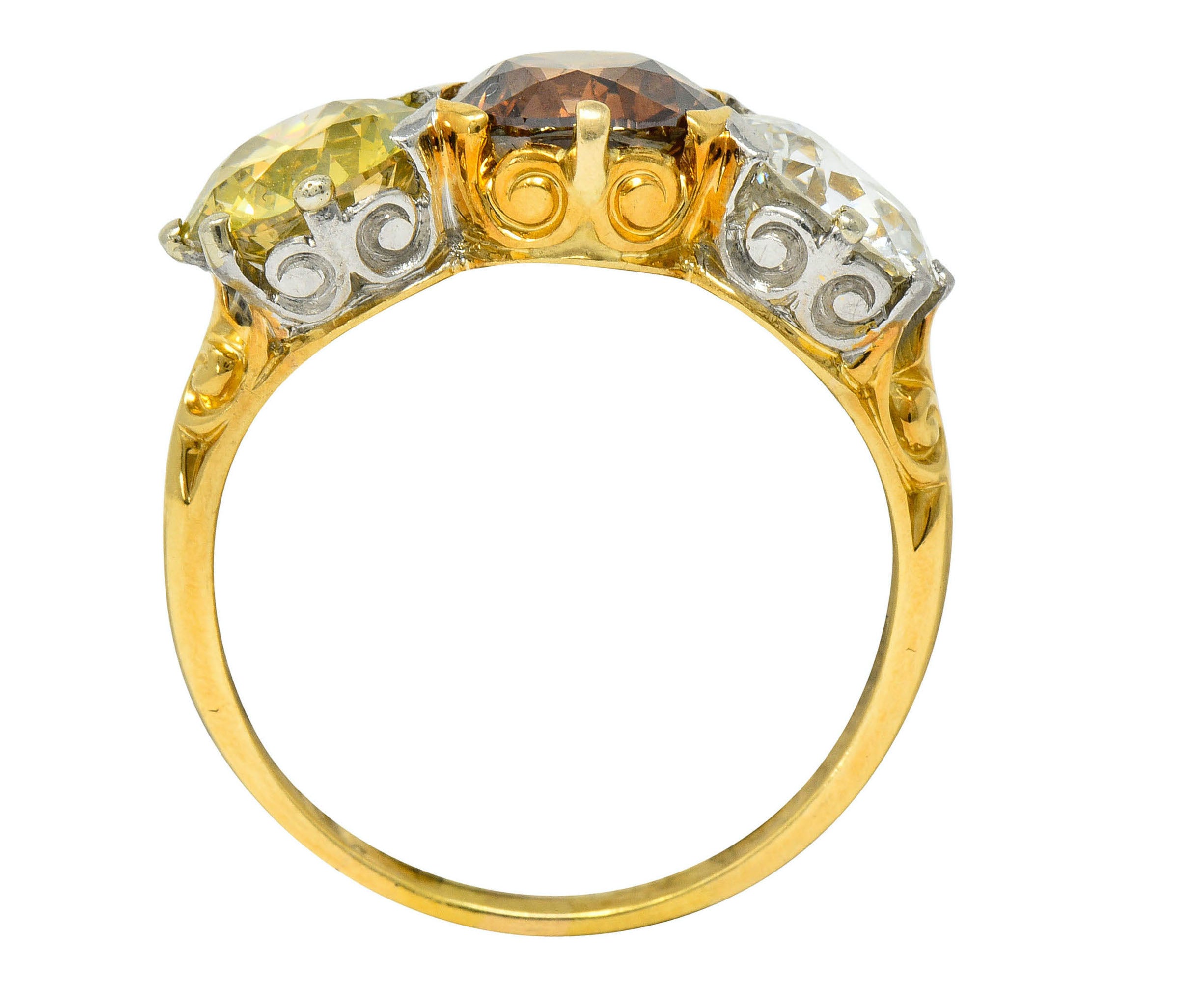 Edwardian 4.31 CTW Diamond & Fancy Diamond 18 Karat Gold Platinum Three Stone RingRing - Wilson's Estate Jewelry