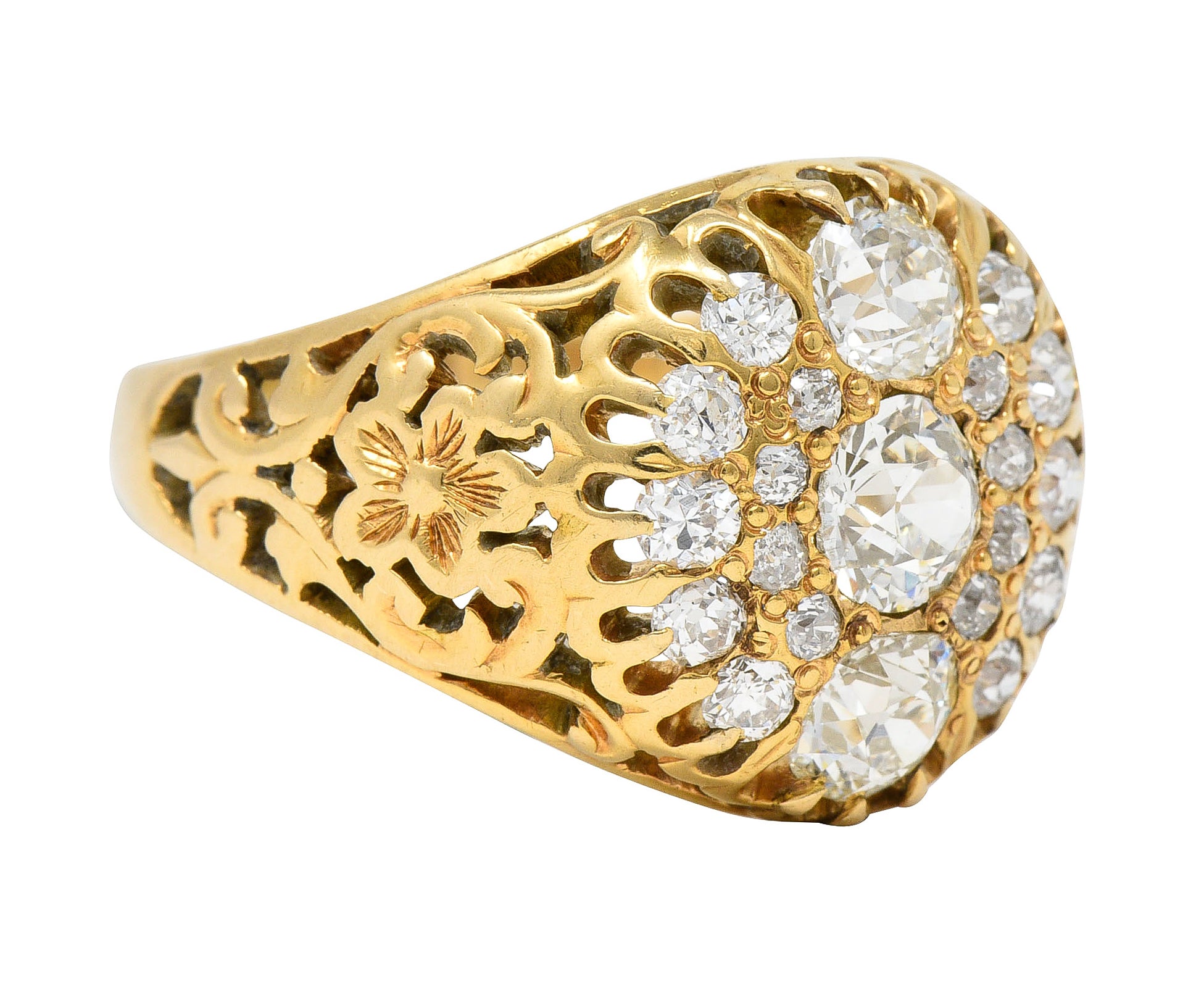 Art Nouveau 2.09 CTW Old European Cut Diamond 14 Karat Yellow Gold Floral Unisex Antique Cluster Ring Wilson's Estate Jewelry