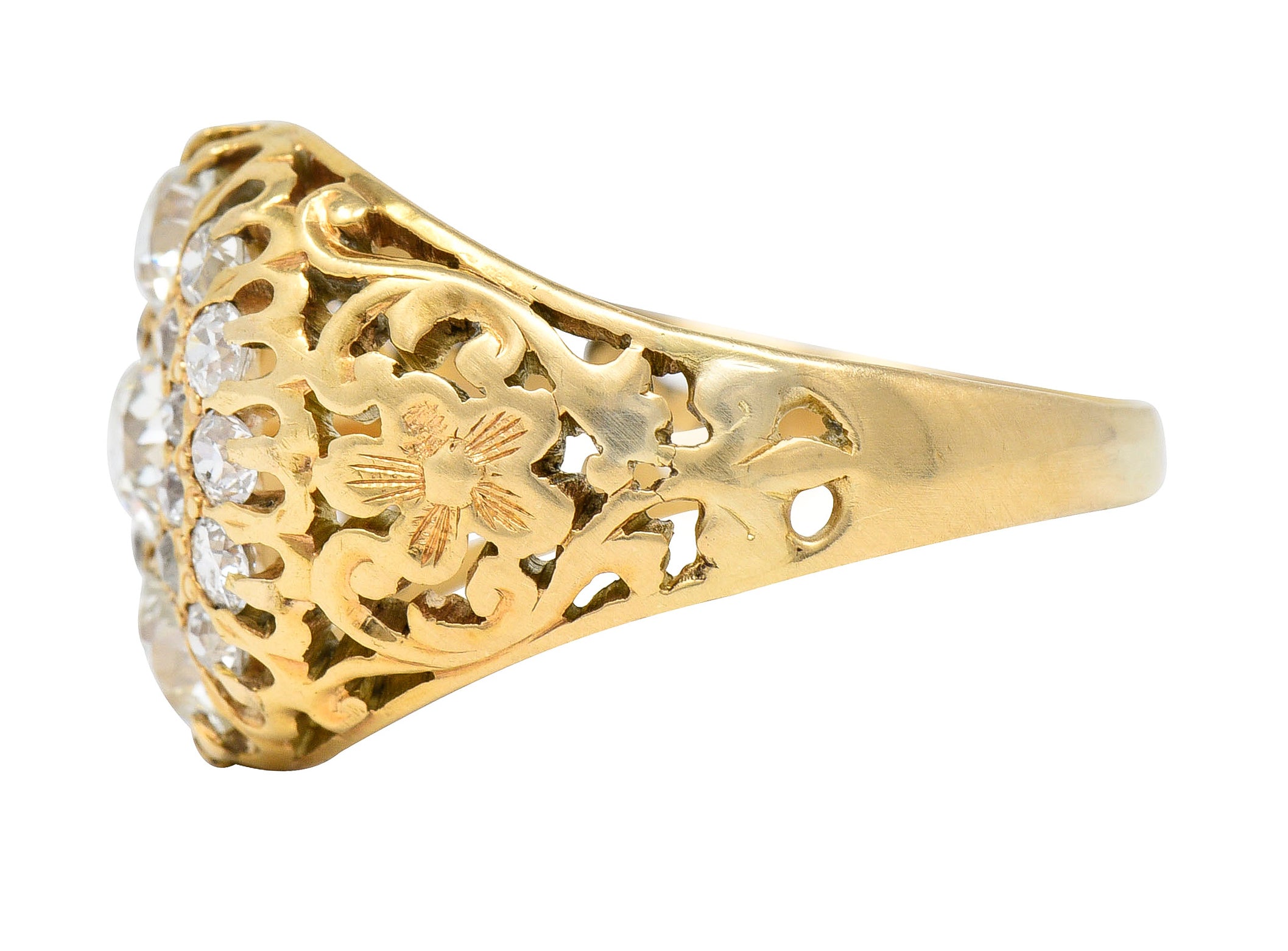 Art Nouveau 2.09 CTW Old European Cut Diamond 14 Karat Yellow Gold Floral Unisex Antique Cluster Ring Wilson's Estate Jewelry