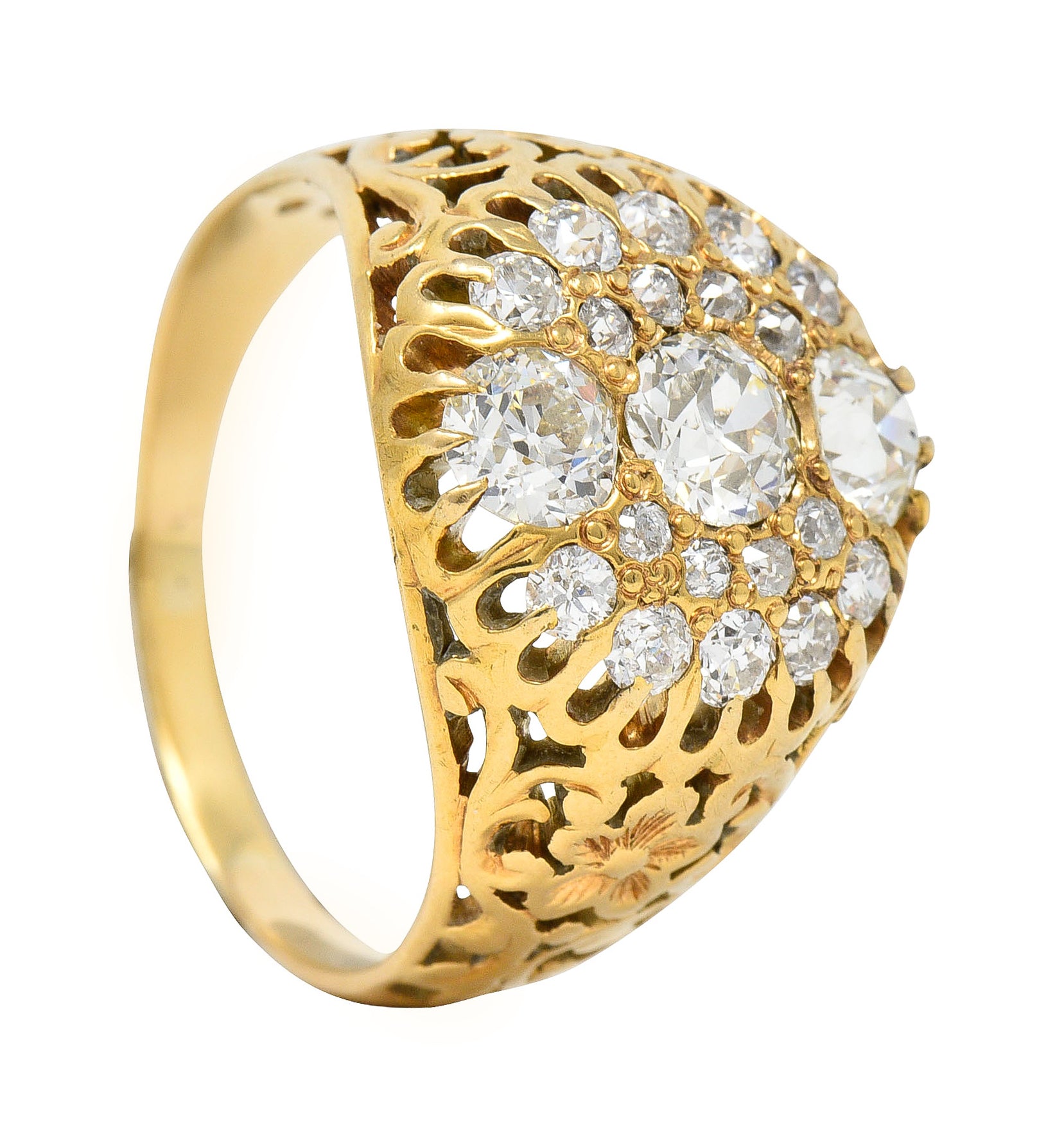 Art Nouveau 2.09 CTW Old European Cut Diamond 14 Karat Yellow Gold Floral Unisex Antique Cluster Ring Wilson's Estate Jewelry