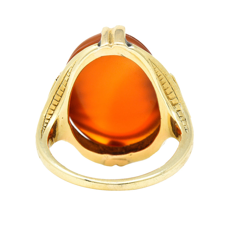 Early Art Deco Egyptian Revival Carved Carnelian 14 Karat Yellow Gold Gemstone Ring Wilson's Estate Jewelry