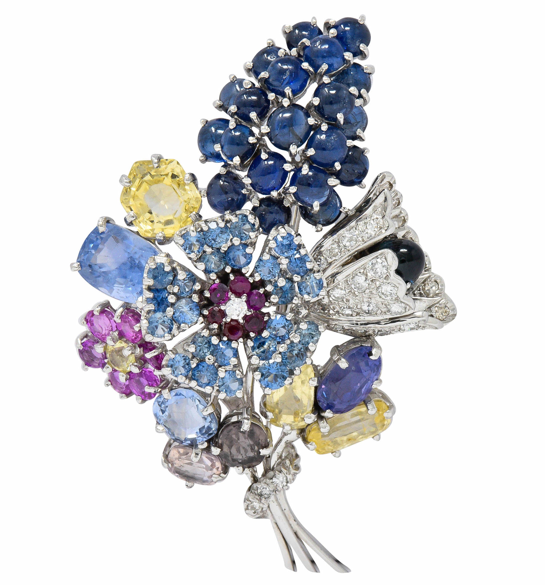 Retro 25.90 CTW Sapphire Diamond 14 Karat White Gold Bouquet BroochBrooch - Wilson's Estate Jewelry