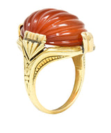 Early Art Deco Egyptian Revival Carved Carnelian 14 Karat Yellow Gold Gemstone Ring Wilson's Estate Jewelry