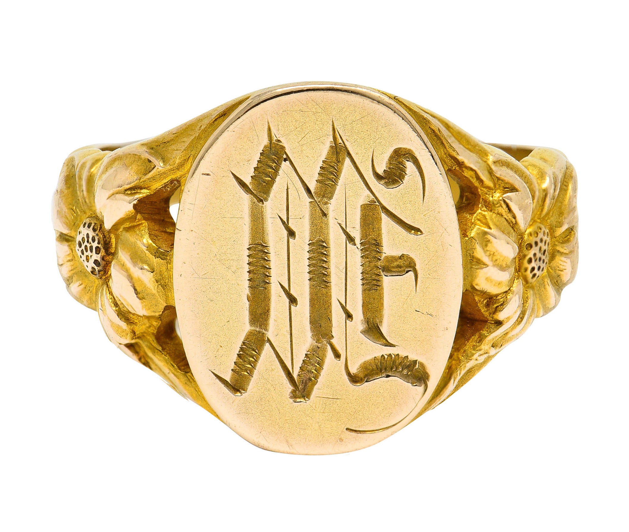 Art Nouveau 14 Karat Gold Floral Monogram Unisex Signet RingRing - Wilson's Estate Jewelry