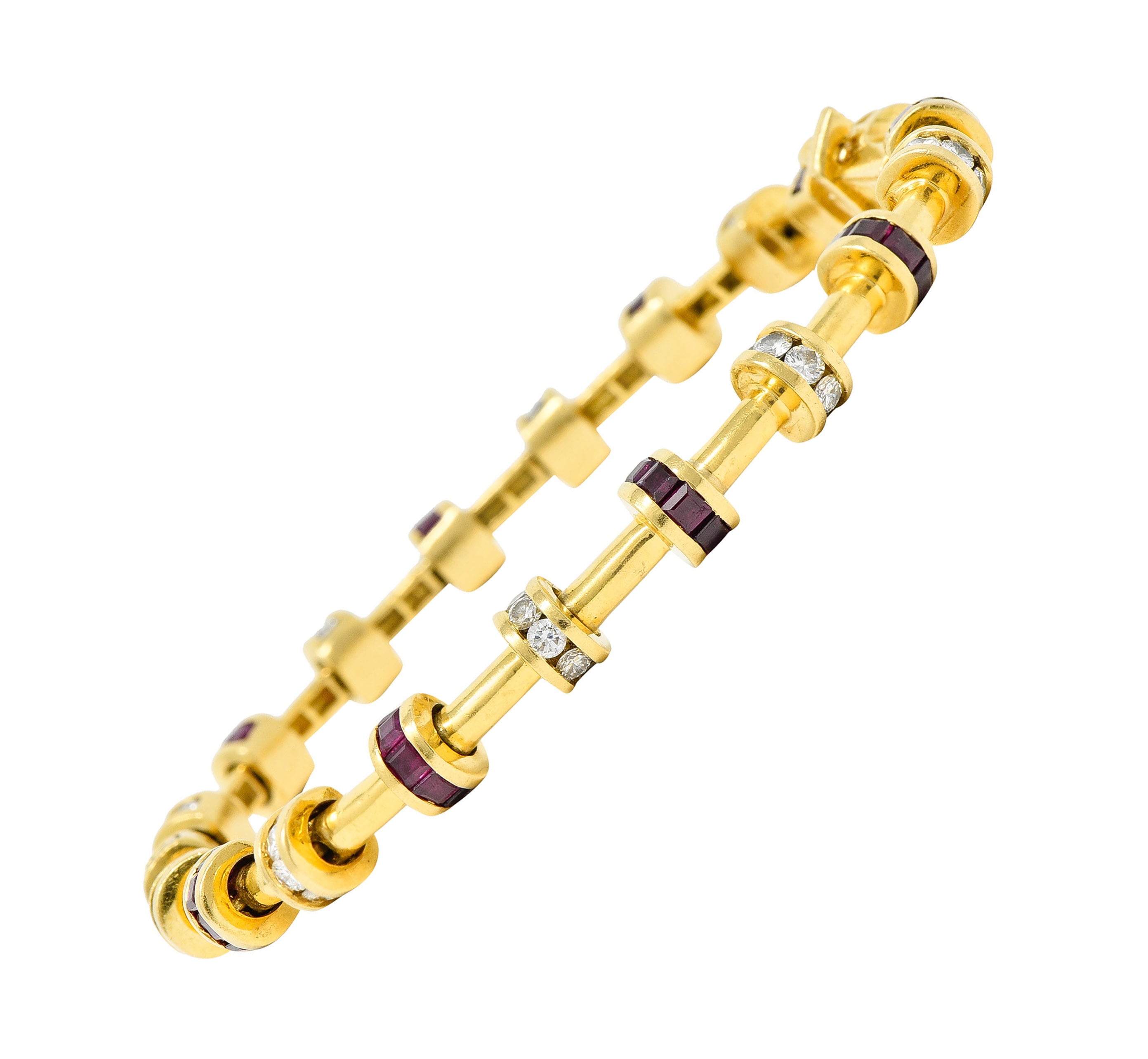 Charles Krypell 6.00 CTW Diamond Ruby 18 Karat Gold Barrel Link Braceletbracelet - Wilson's Estate Jewelry