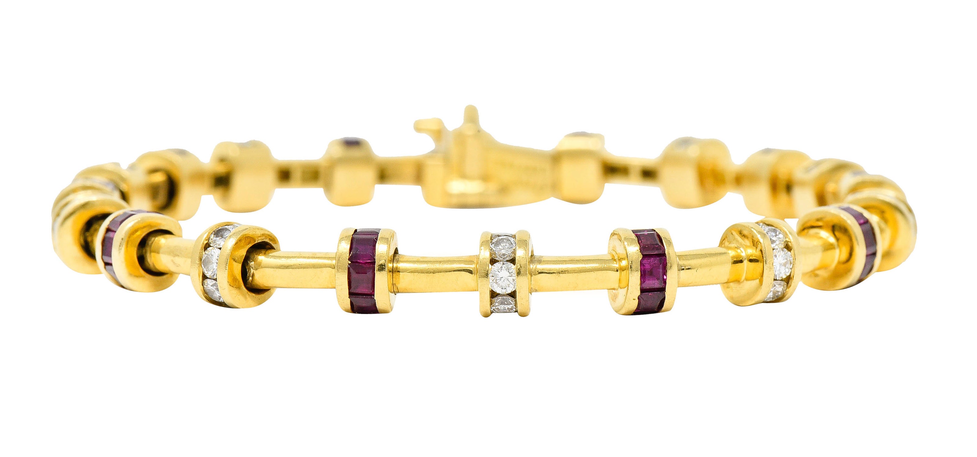 Charles Krypell 6.00 CTW Diamond Ruby 18 Karat Gold Barrel Link Braceletbracelet - Wilson's Estate Jewelry